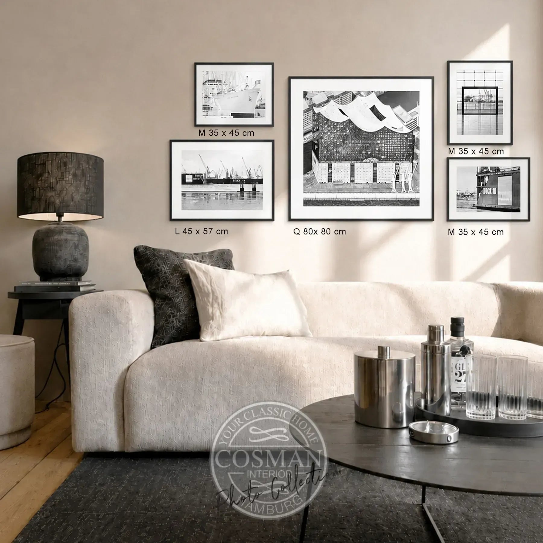 Hamburg Bilderwand als 5er-Set mit gerahmten Schwarz-Weiß-Fotografien in Querformat, Hochformat und Quadrat