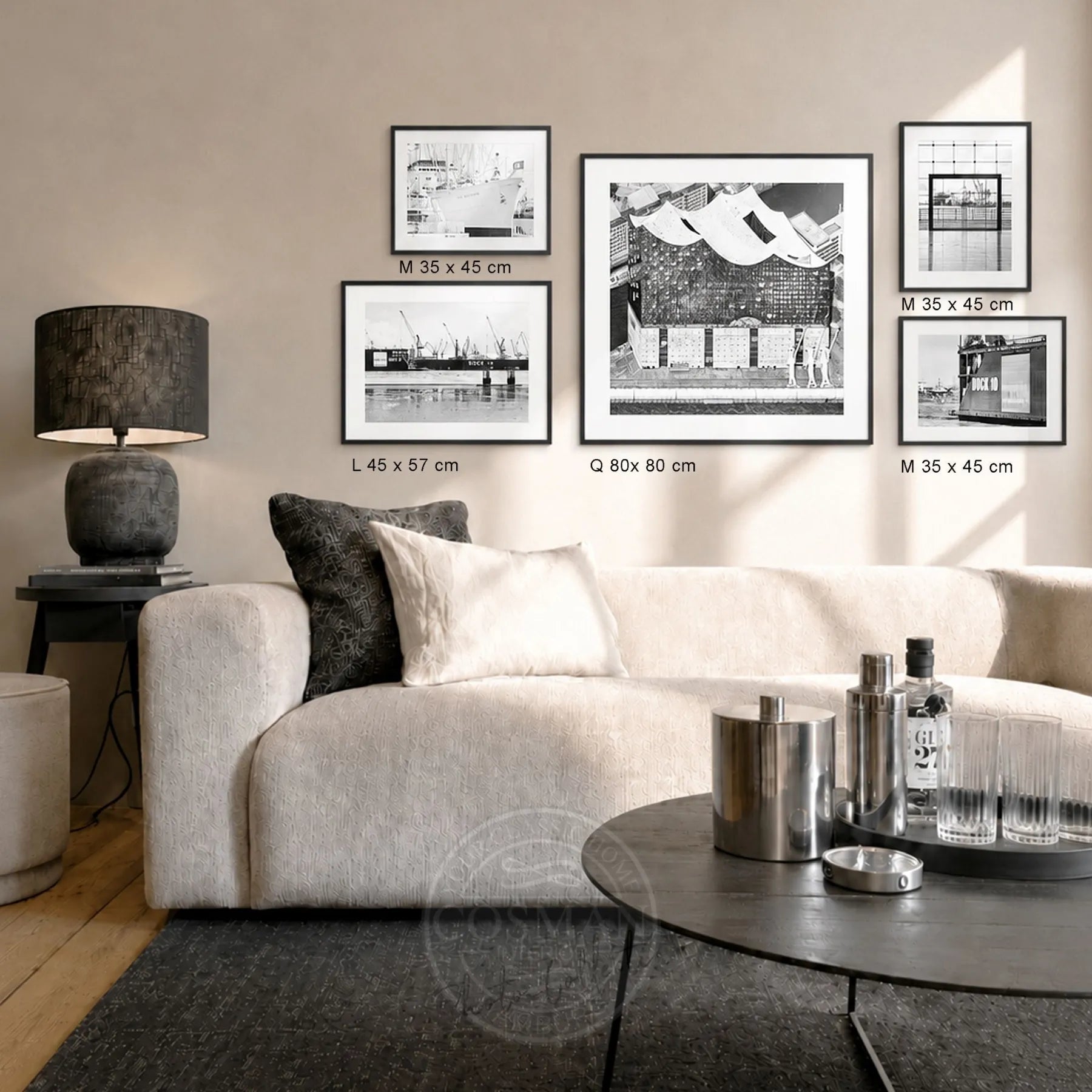 Hamburg Bilderwand als 5er-Set mit gerahmten Schwarz-Weiß-Fotografien in Querformat, Hochformat und Quadrat