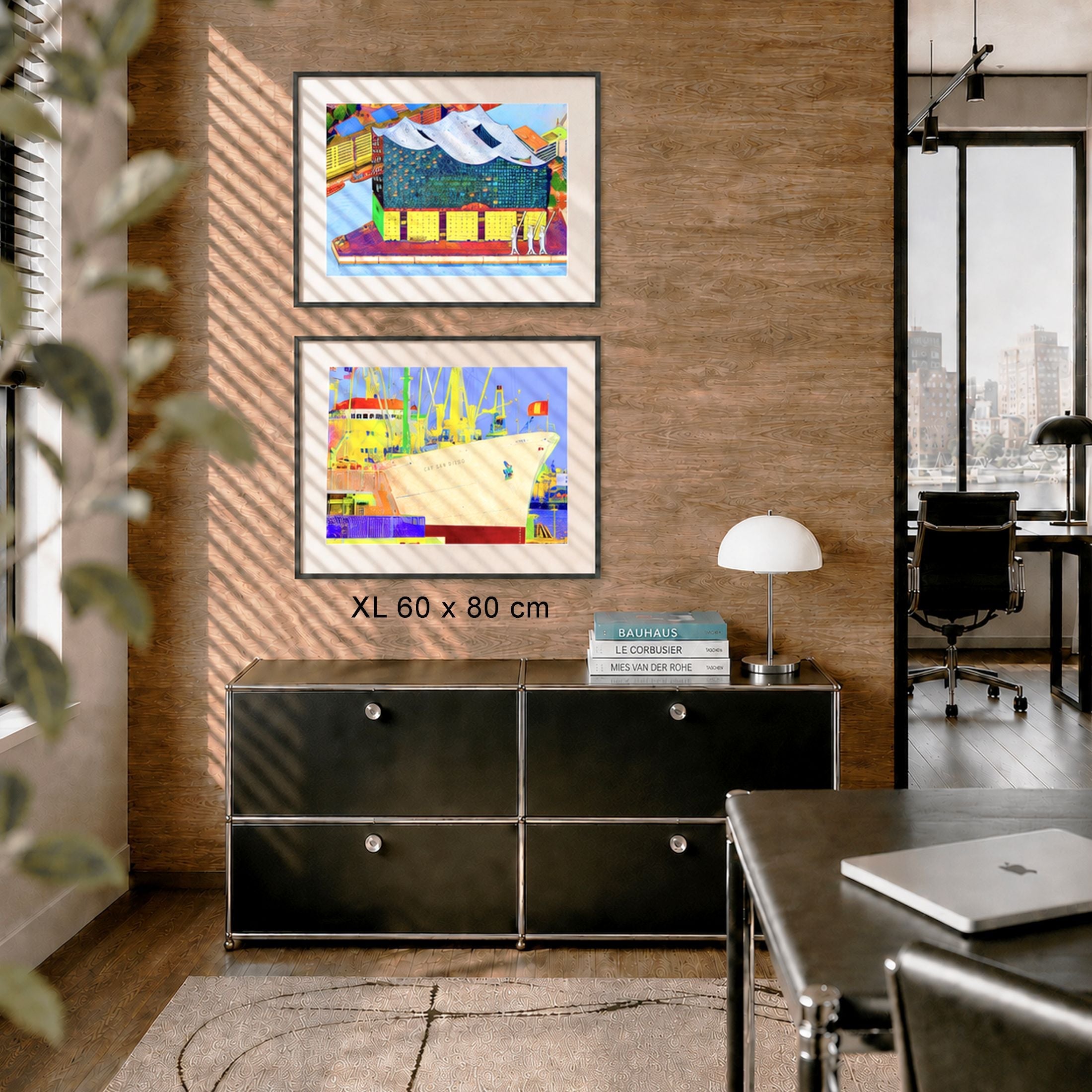 Hamburg Colour Bilderwand als 2er-Set XL mit gerahmten Farbfotografien der Elbphilharmonie und Cap San Diego im Format 80 × 60 cm