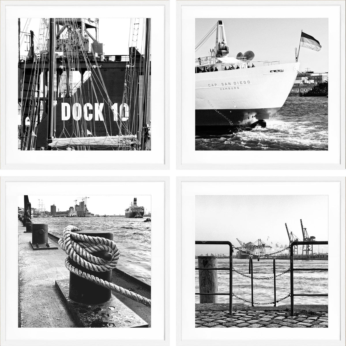 Hamburg Hafen Bilderwand mit vier quadratischen Schwarz-Weiß-Motiven und weißen Holzrahmen