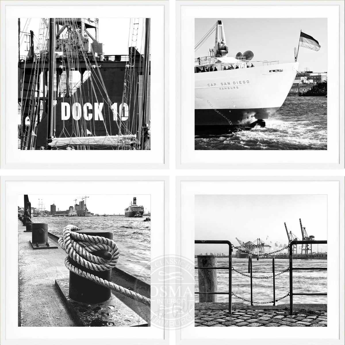 Hamburg Hafen Bilderwand mit vier quadratischen Schwarz-Weiß-Motiven und weißen Holzrahmen