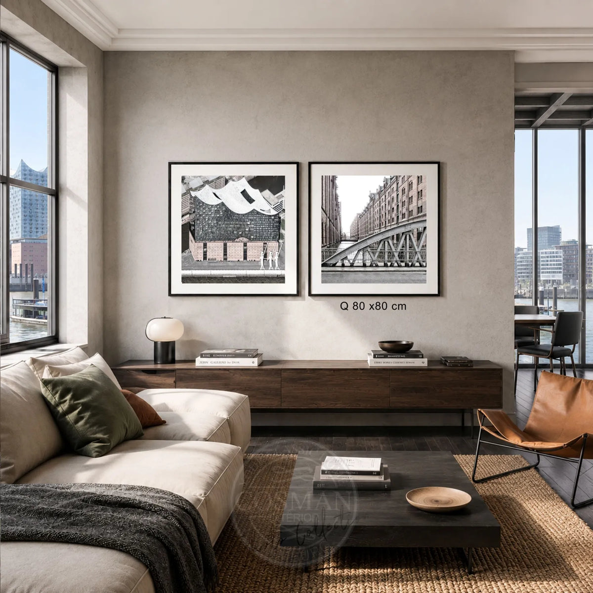 Hamburg HafenCity Bilderwand als 2er-Set mit gerahmter Elbphilharmonie und Speicherstadt in Farbe, jeweils 80 × 80 cm
