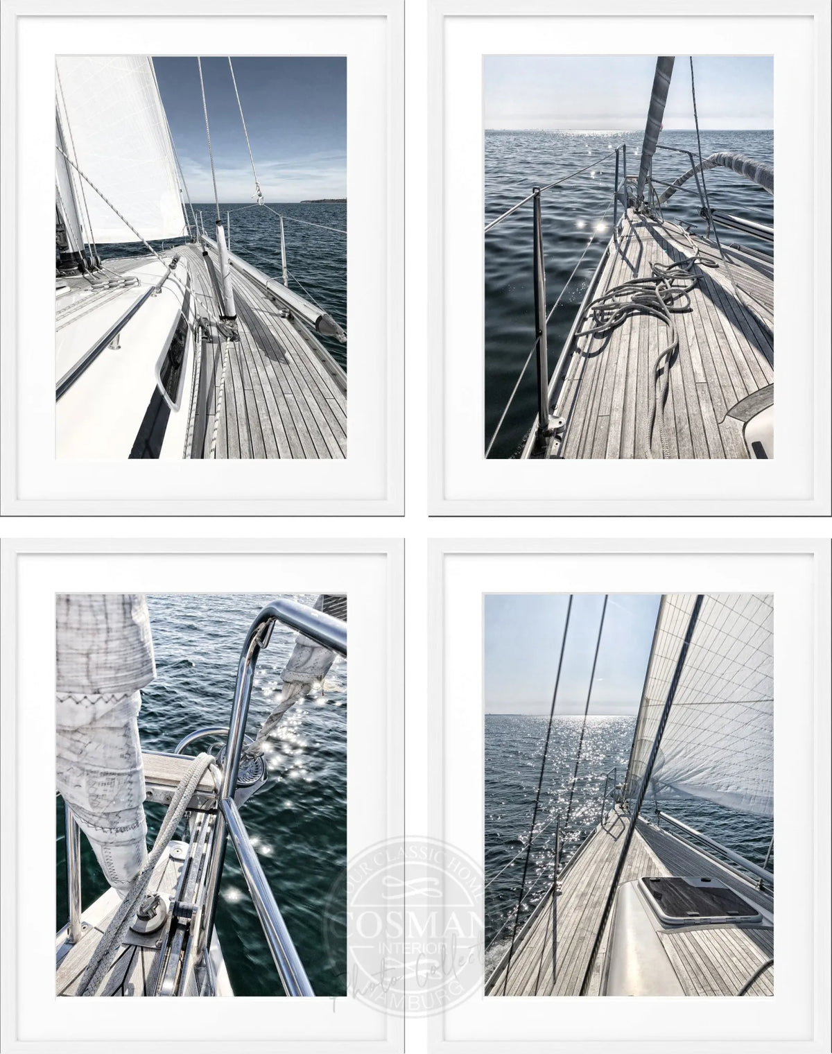 Sailing Bilderwand mit vier farbigen Segelmotiven und weißen Holzrahmen, Format L