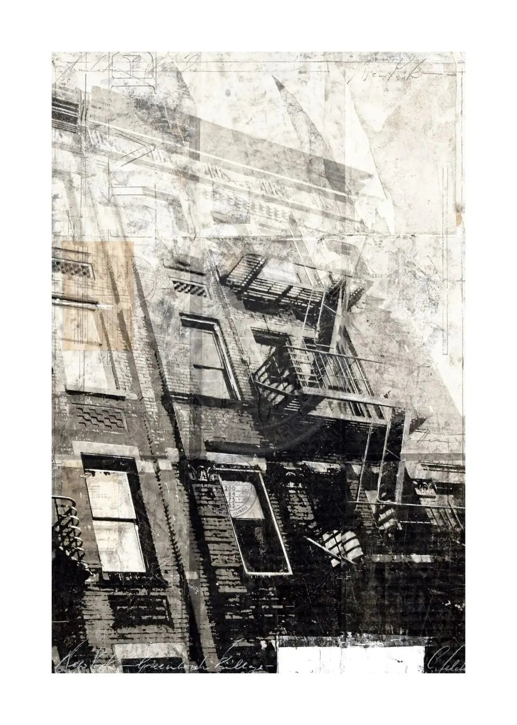 A4-Poster von Cosman-Photocollection mit weißem Rand, zeigt eine Feuerleiter in NYC, Druck im Format 21x29,7 cm