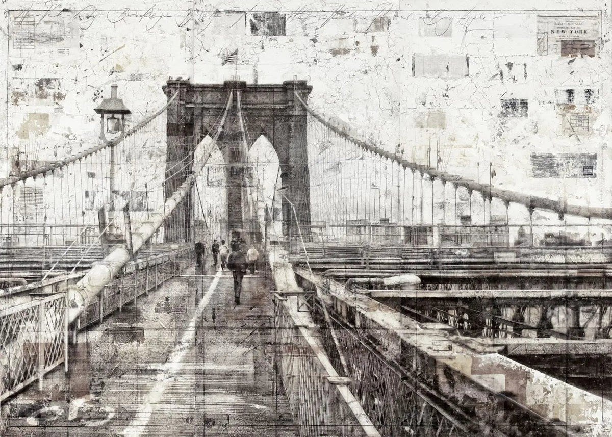 Hochwertiger Poster des Brooklyn Bridge von Cosman-Photocollection, mit weißem Rand, A4-Größe, klarer Ansicht der Brücke.