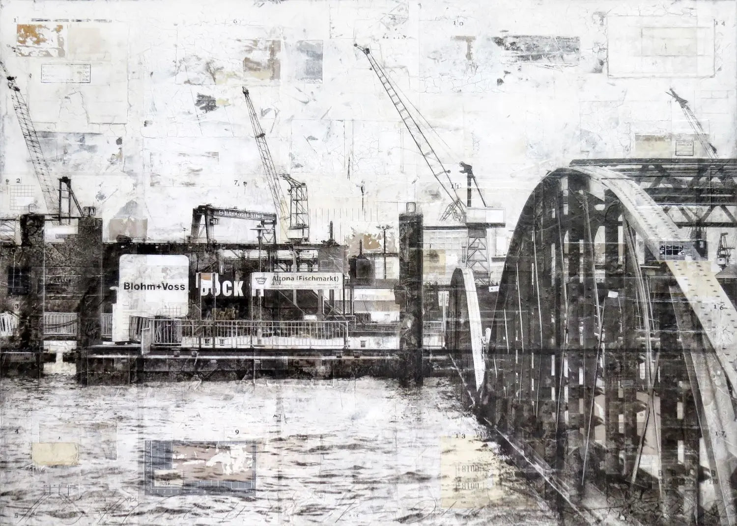 Poster des Hamburg Hafens mit Landungsbrücken von Cosman-Photocollection, weißer Rand, A4-Größe, stimmungsvolle Hafenaufnahme