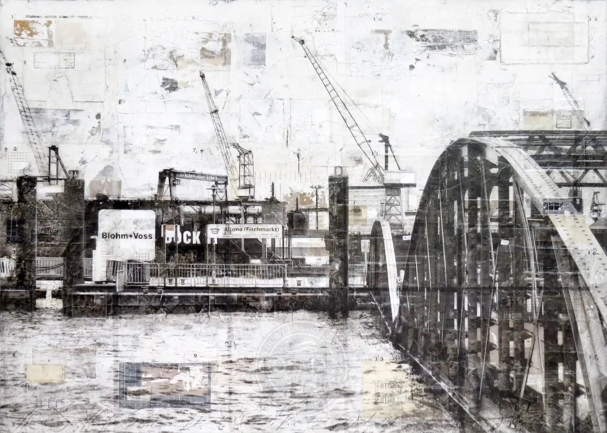 Poster des Hamburg Hafens mit Landungsbrücken von Cosman-Photocollection, weißer Rand, A4-Größe, stimmungsvolle Hafenaufnahme