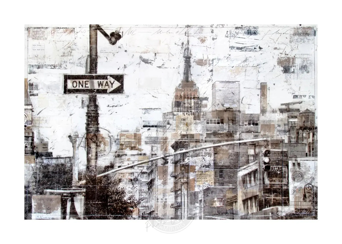 Hochwertiger New York Poster „ONE WAY“ von Cosman-Photocollection mit weißem Rand, A4-Format, urbanes Stadtbild.