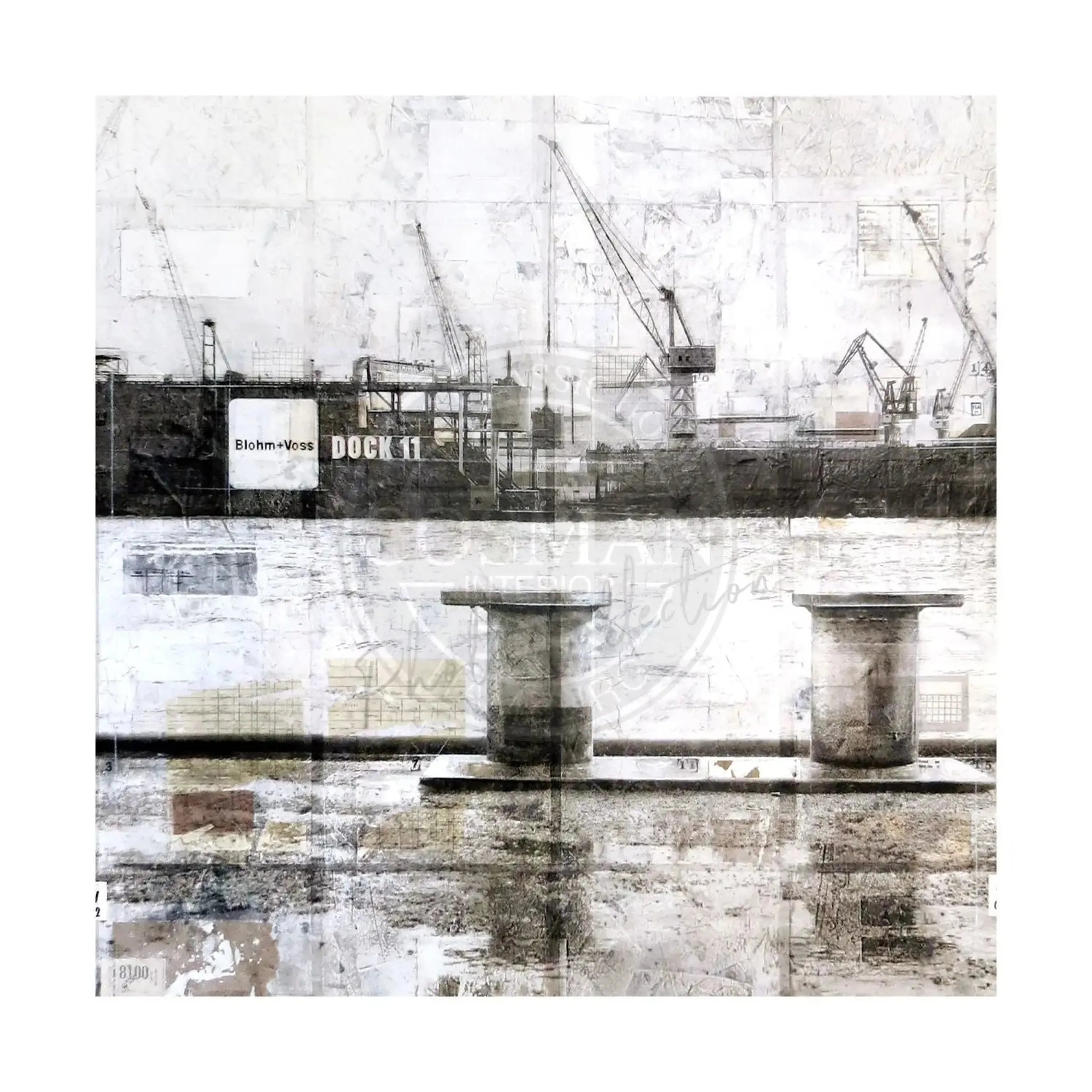 Hafen Hamburg Poster von Cosman-Photocollection, weißer Rand, 40x40 cm, hochwertiger Druck mit Hafenansicht in Schwarz-Weiß