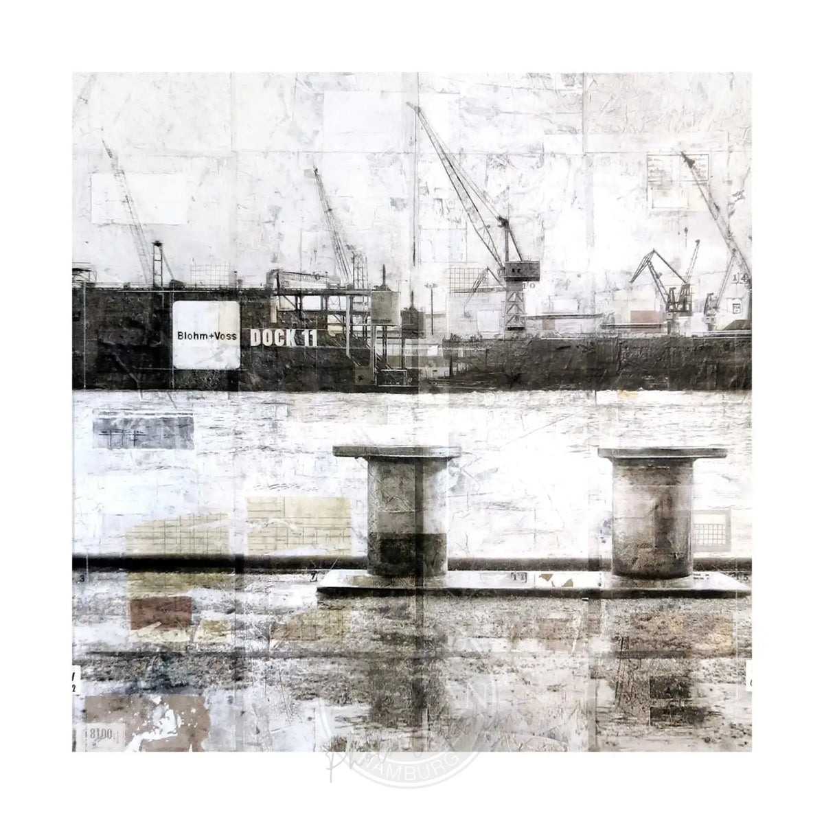 Hafen Hamburg Poster von Cosman-Photocollection, weißer Rand, 40x40 cm, hochwertiger Druck mit Hafenansicht in Schwarz-Weiß