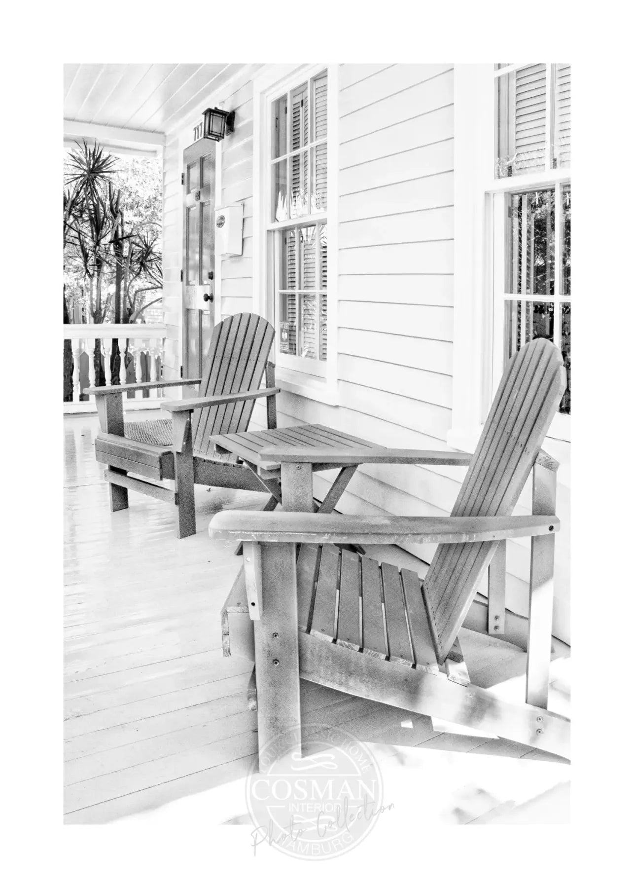 Schwarz-weiß Poster von Florida Key West mit Liegestuhl-Motiv, 21x29,7 cm, von Cosman-Photocollection.