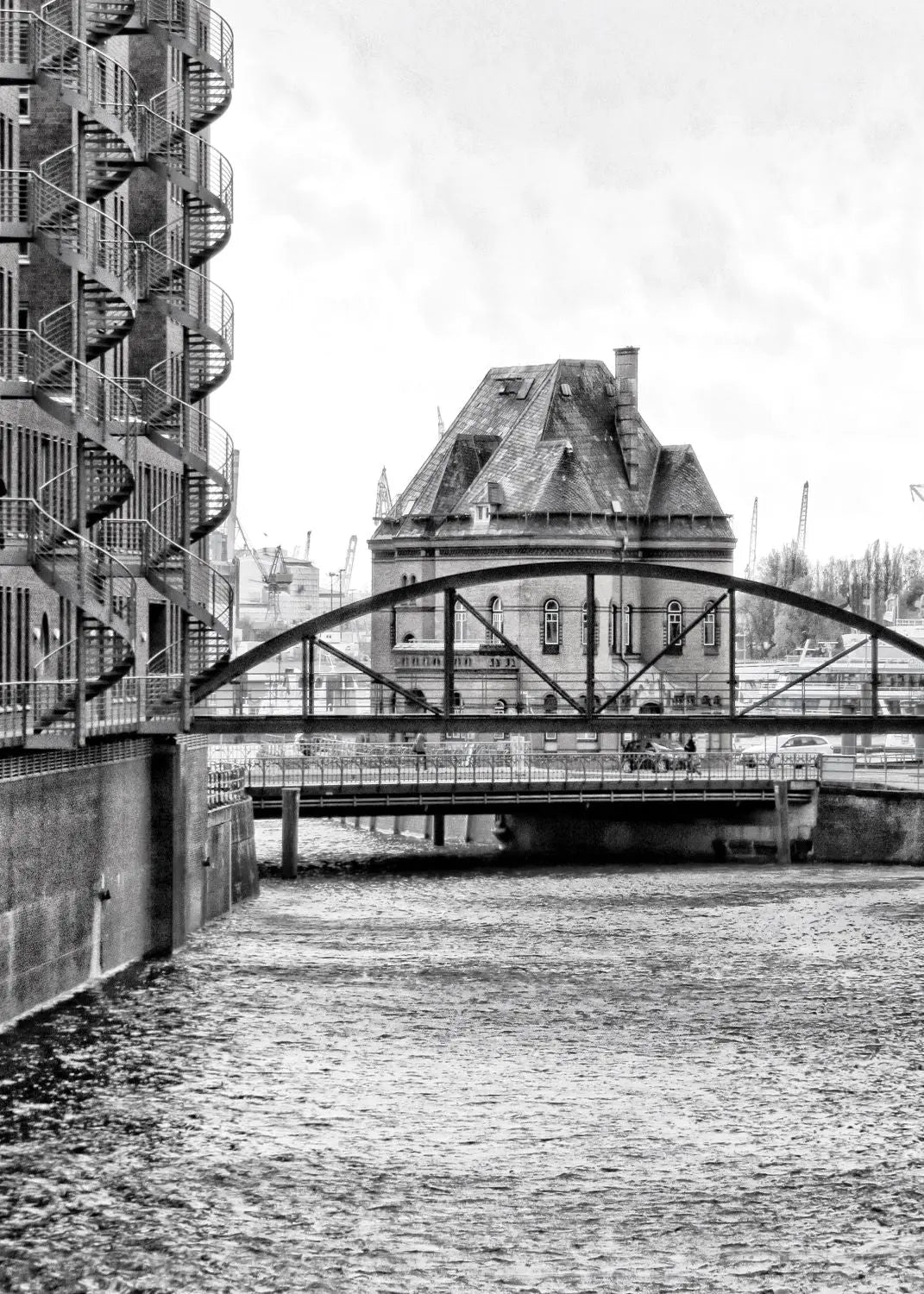 Schwarz-weißer Poster Druck Hamburg Speicherstadt von Cosman-Photocollection, A4-Format, mit weißem Rand, 21x29,7 cm