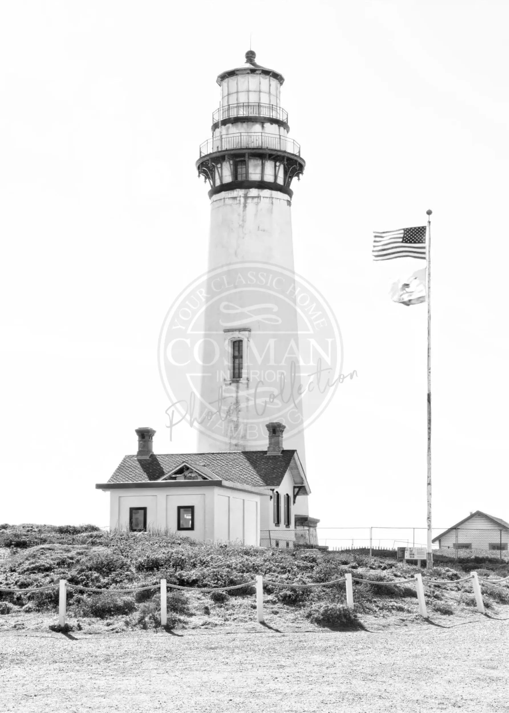 Schwarz-weiß Poster von Kalifornien mit Leuchtturm, 21x29,7 cm, von Cosman-Photocollection, mit weißem Rand