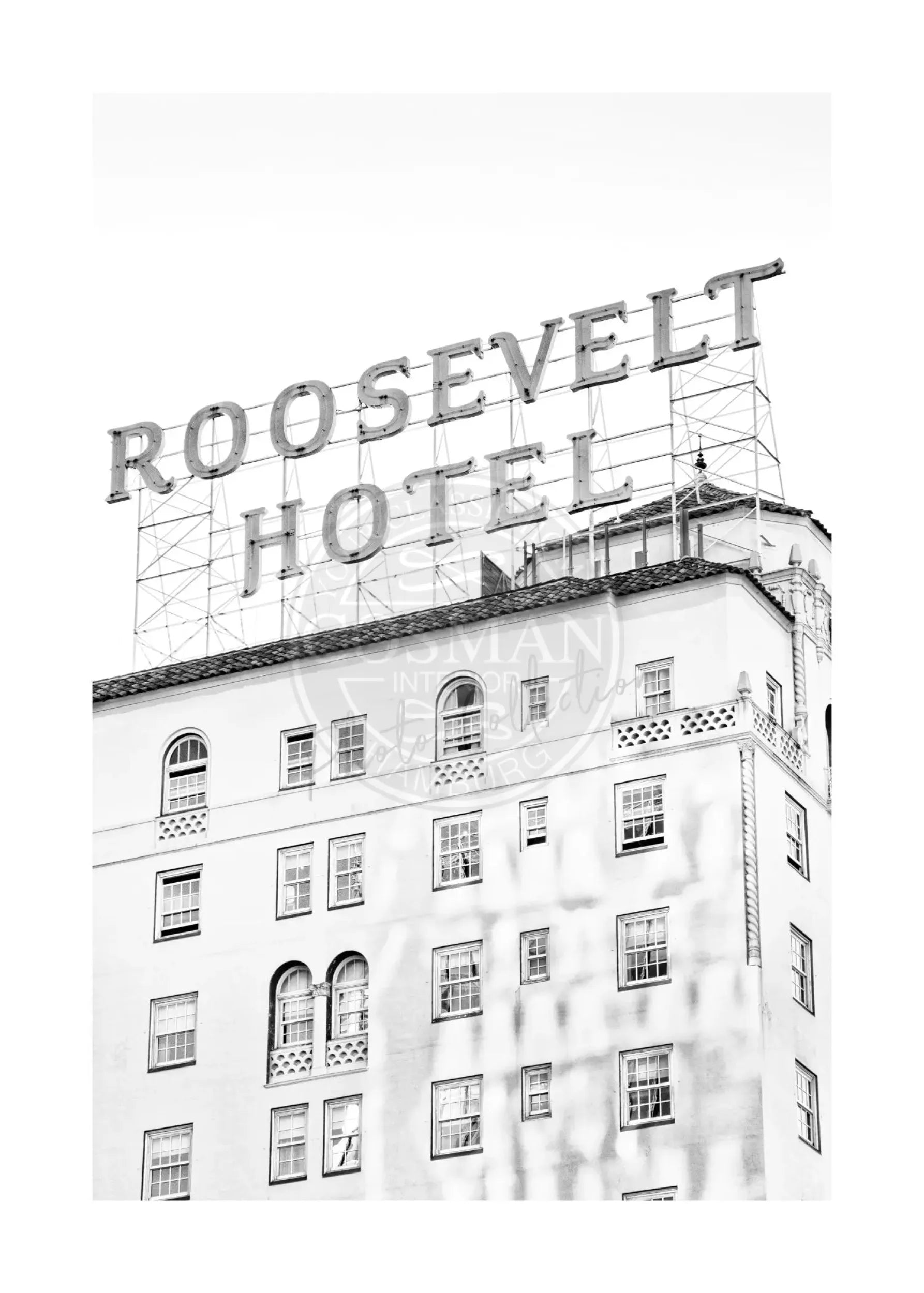 Schwarz-Weiß-Poster von Cosman-Photocollection mit Weißrand, Kalifornien Los Angeles Roosevelt Hotel, 21x29,7 cm, A4-Größe
