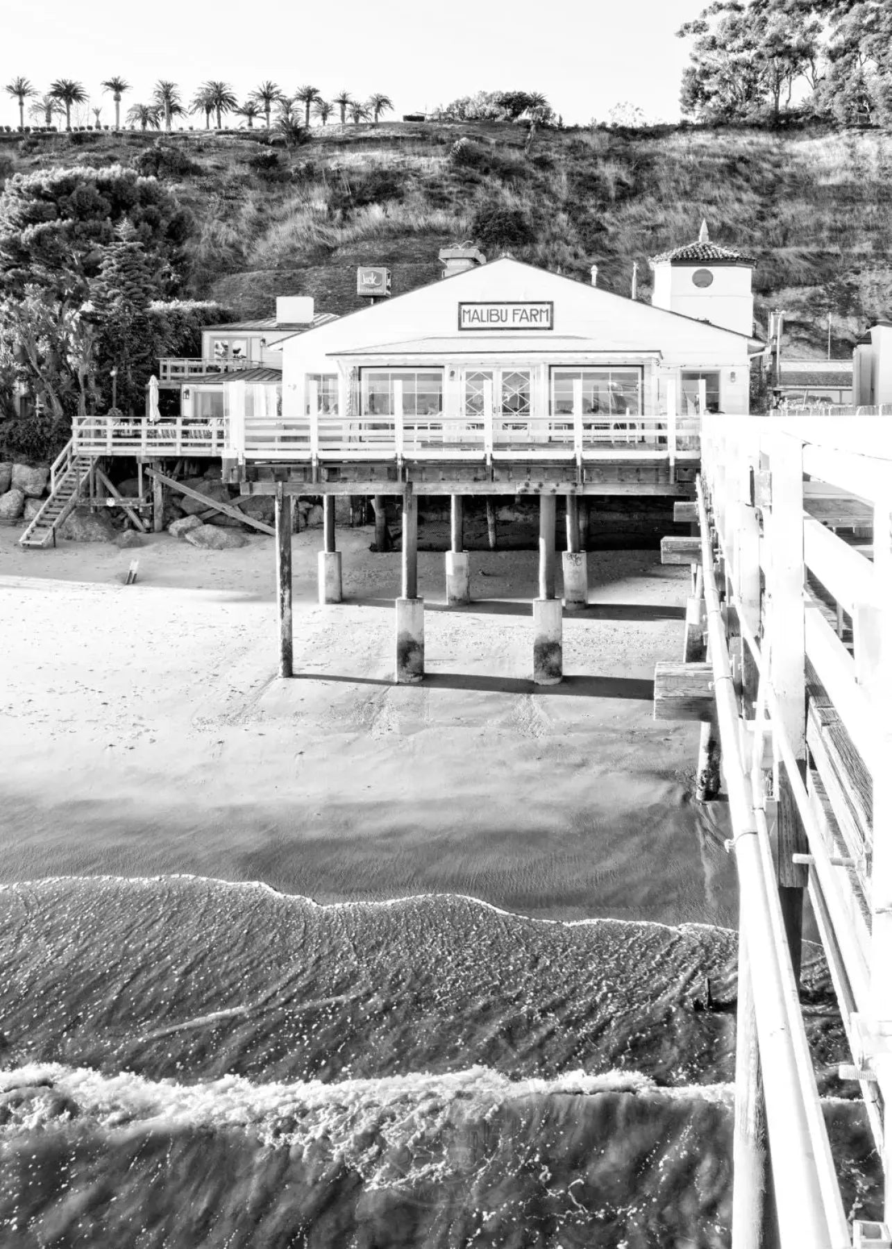 Schwarz-weiß Poster von Malibu Beach Pier in Kalifornien, A4-Größe, mit weißem Rand, von Cosman-Photocollection.