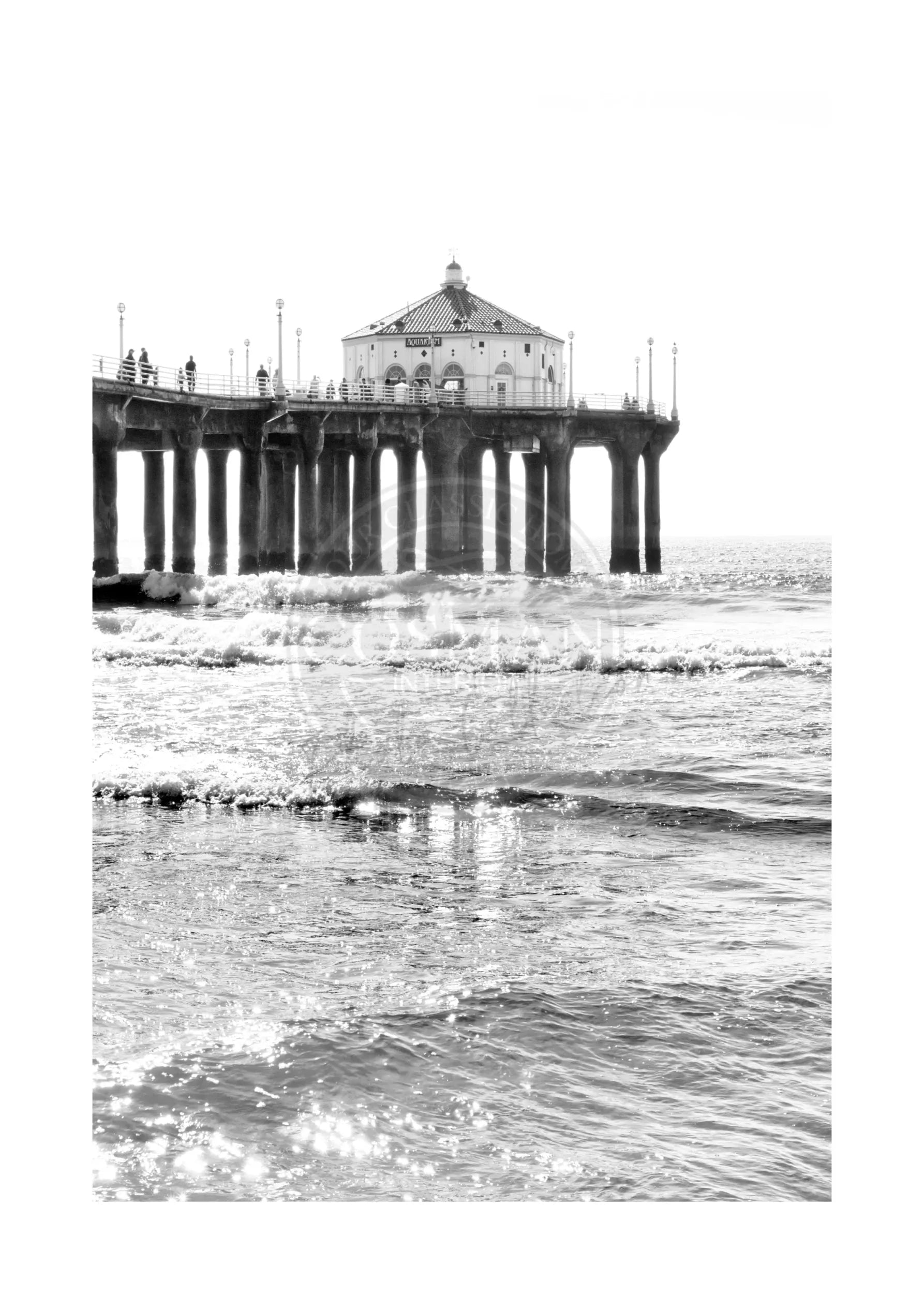 Schwarz-Weiß-Poster von Cosman-Photocollection, Kalifornien Manhattan Beach Pier, A4-Größe 21x29,7cm, mit weißem Rand