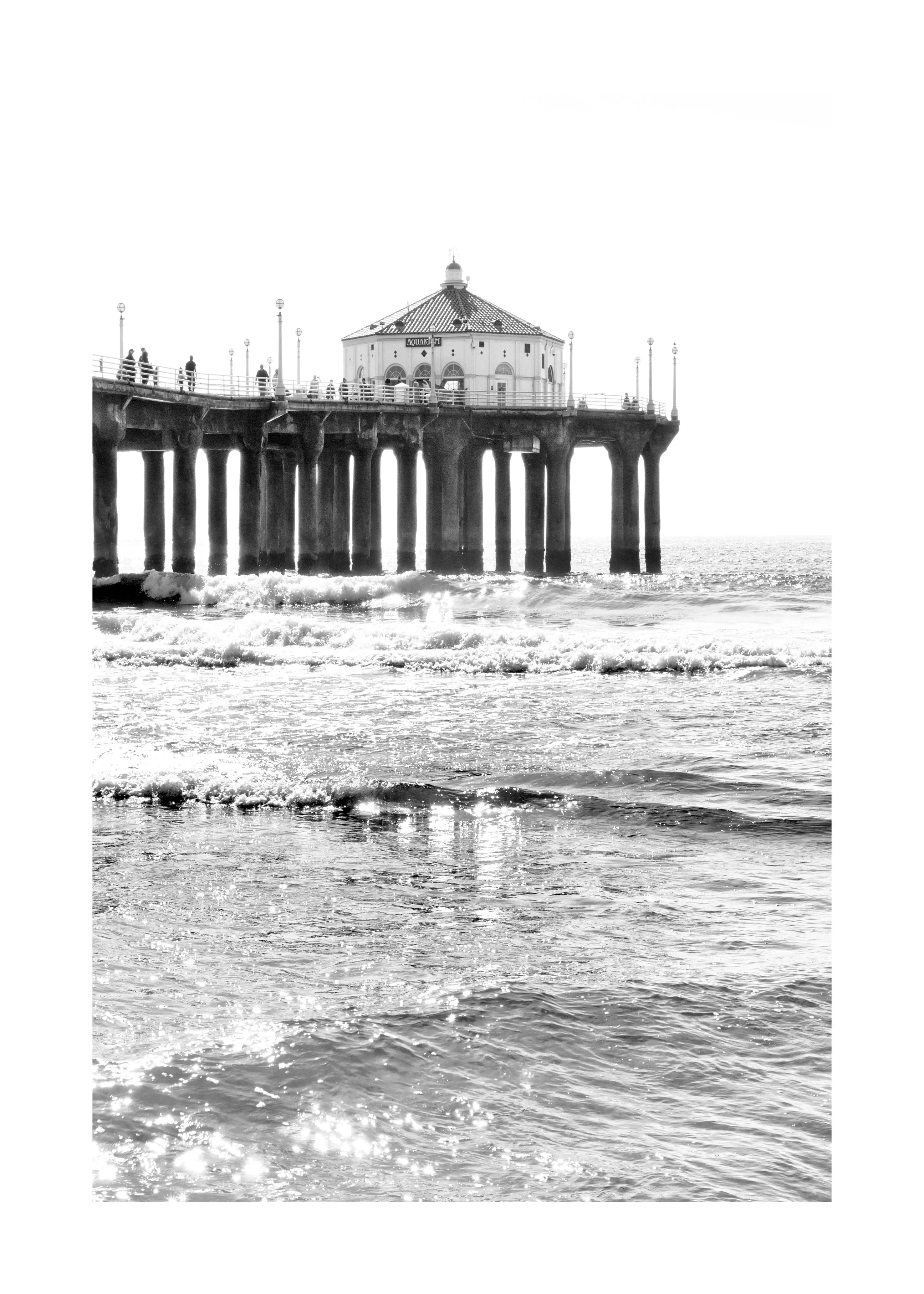 Schwarz-Weiß-Poster von Cosman-Photocollection, Kalifornien Manhattan Beach Pier, A4-Größe 21x29,7cm, mit weißem Rand