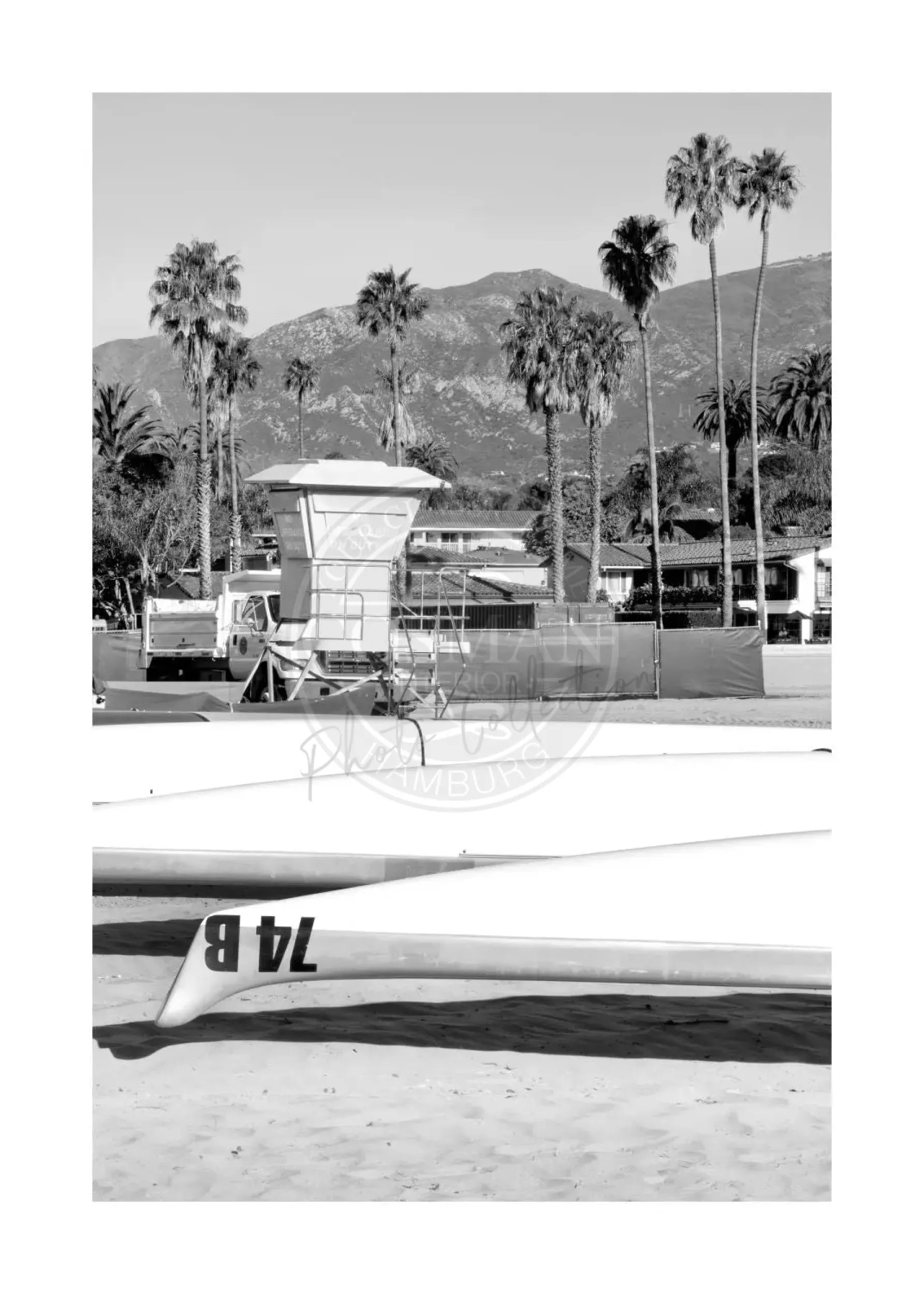 Schwarz-weiß Poster von Santa Barbara, Kalifornien, im A4-Format, mit weißem Rand, von Cosman-Photocollection.