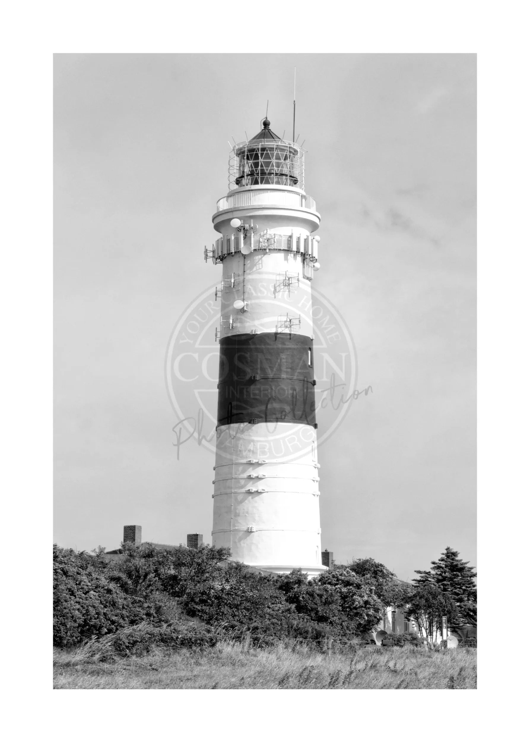 Schwarz-Weiß-Poster von Leuchtturm Langer Christian in Kampen auf Sylt, im weißen Rand, von Cosman-Photocollection, A4-Größe