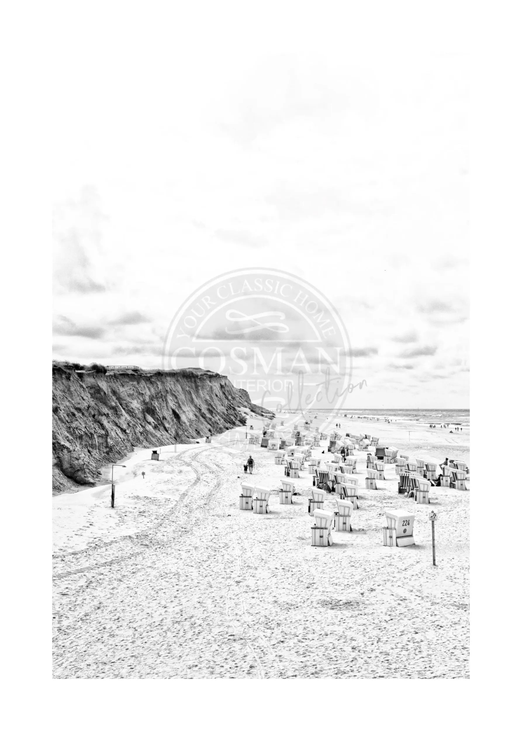 Schwarz-weiß Poster von Sylt Strandkörbe in Kampen, 21x29,7 cm, von Cosman-Photocollection, mit weißem Rand.