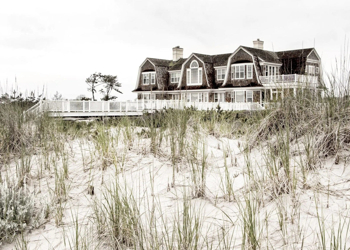 Schwarz-weiß Poster mit weißem Rand, Hamptons Long Island Beach House Motiv, von Cosman-Photocollection, A4 Größe