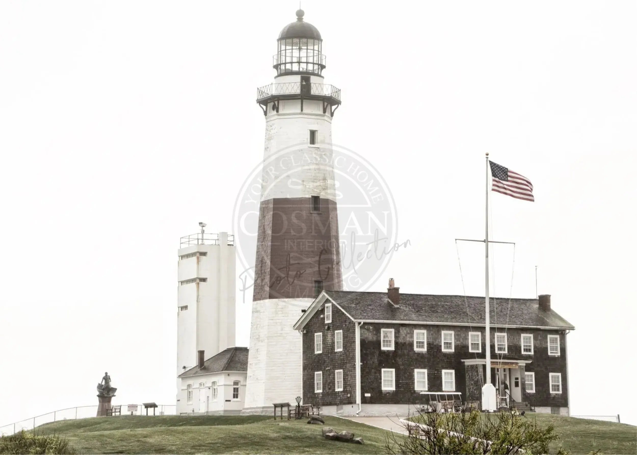 Schwarzweiß-Poster Hamptons Montauk Leuchtturm von Cosman-Photocollection, A4-Größe, mit weißem Rand