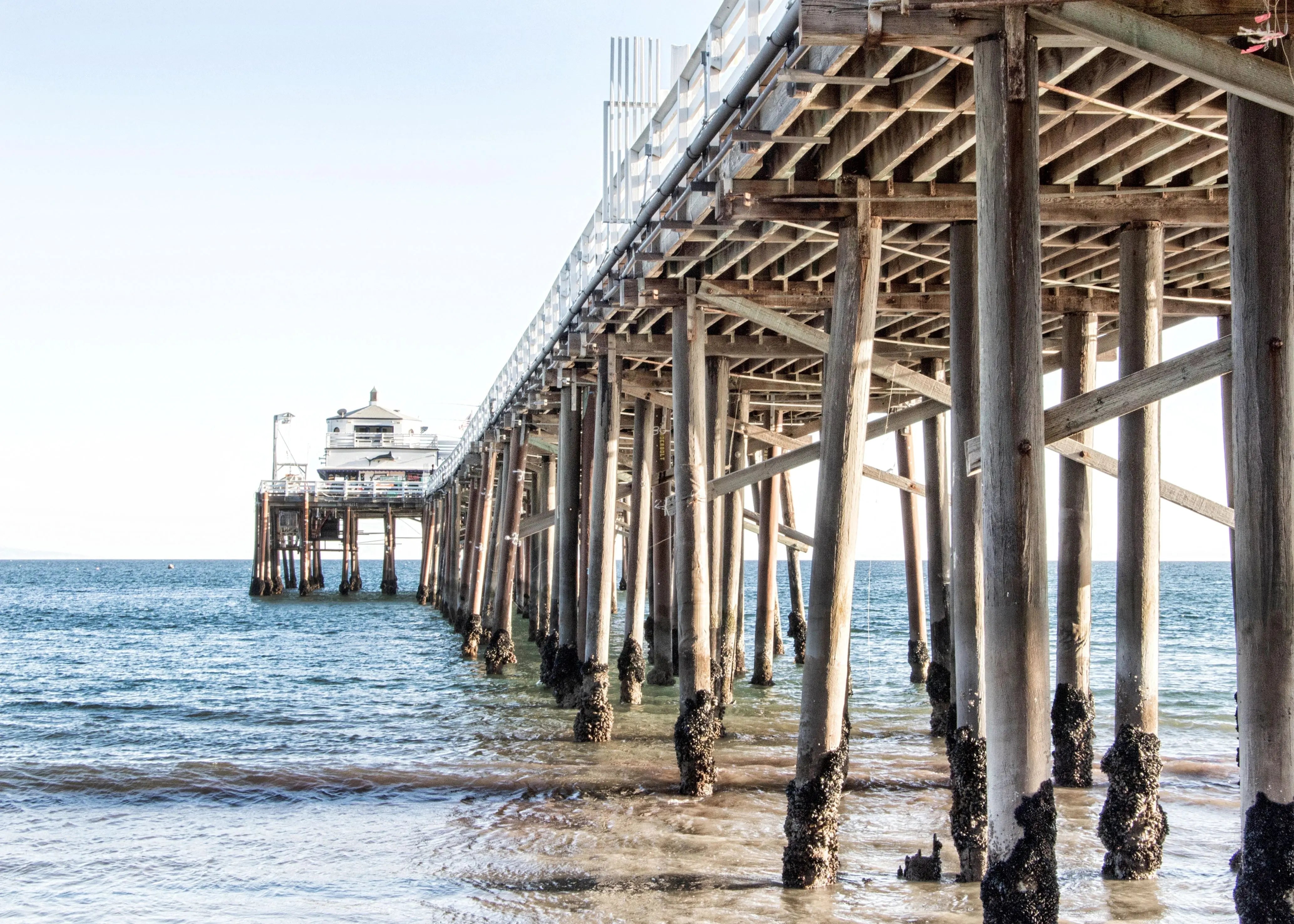 Schwarz-Weiß-Poster von Malibu Beach Pier in Kalifornien, von Cosman-Photocollection, mit weißem Rand, A4 Größe.