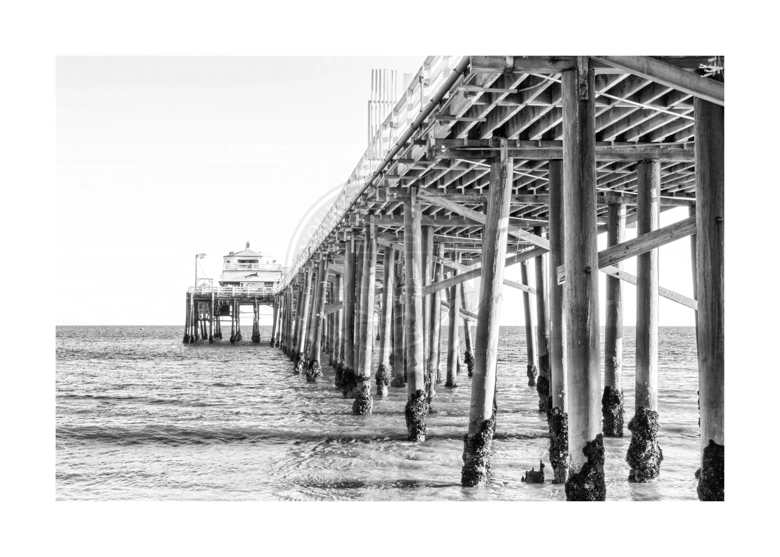 Schwarz-Weiß-Poster von Malibu Beach Pier in Kalifornien, von Cosman-Photocollection, mit weißem Rand, A4-Größe.