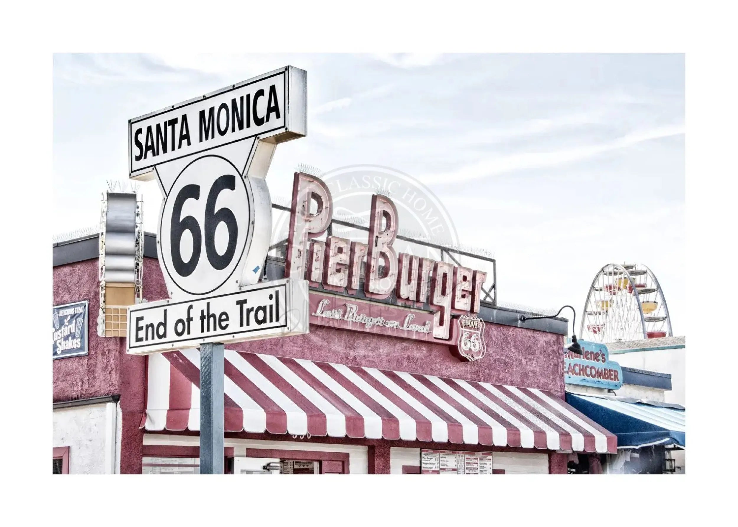 Schwarz-weiß Poster von Santa Monica Pier in Kalifornien, mit weißem Rand, von Cosman-Photocollection, A4-Größe.