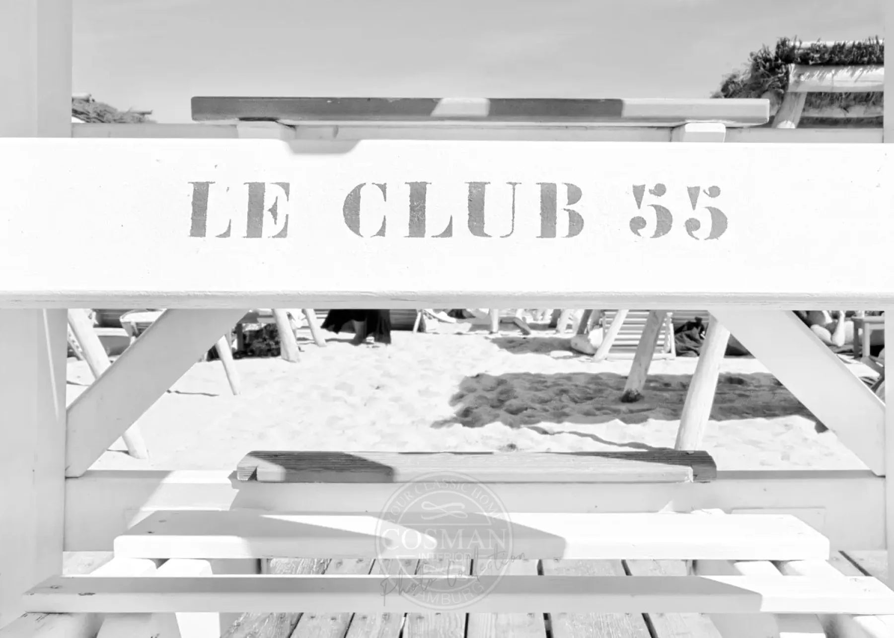 Schwarz-weiß Poster 'Le Club 55' Saint Tropez von Cosman-Photocollection, 29,7x21cm, mit weißem Rand, detailliertes Fotokunstwerk