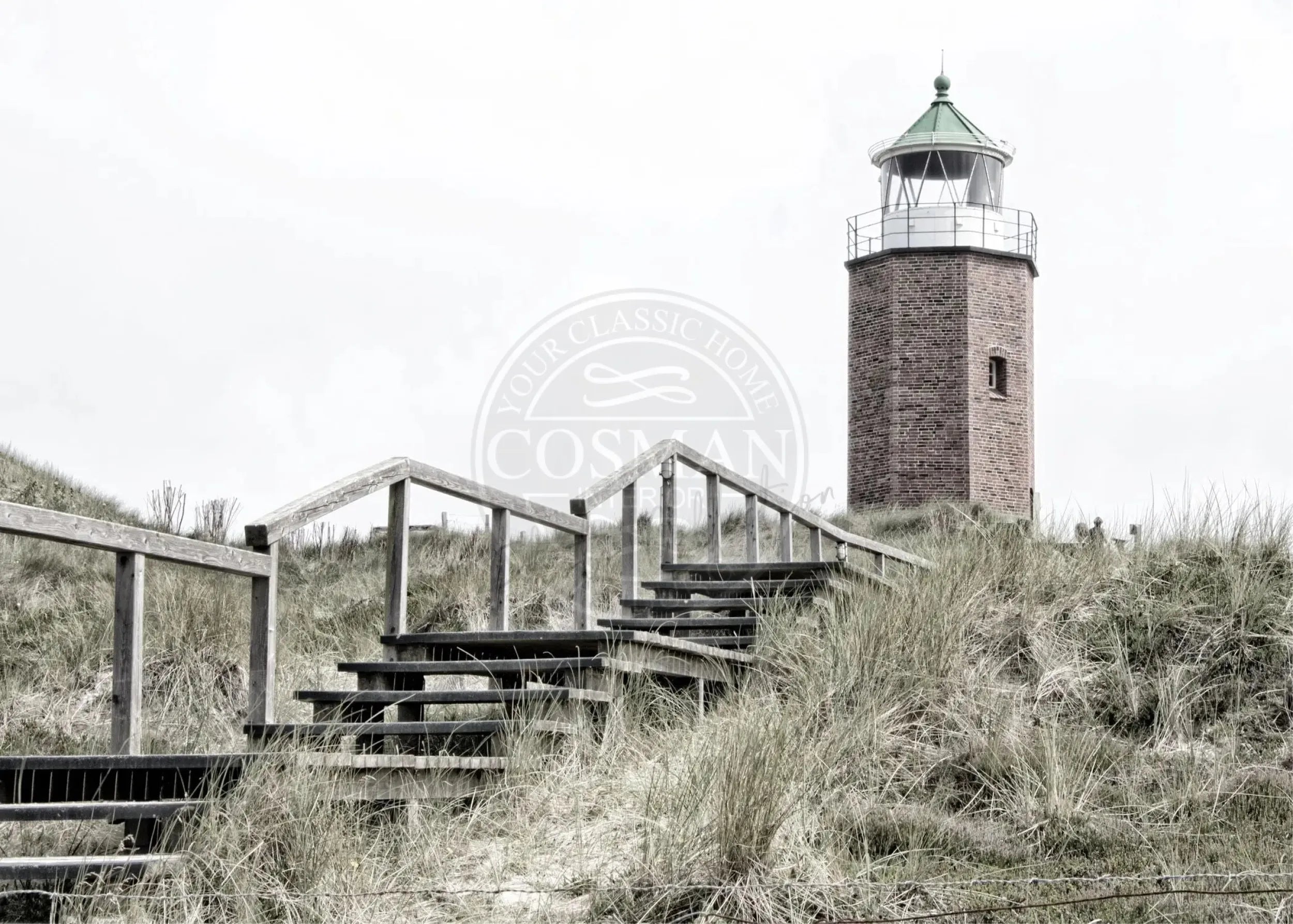 Schwarz-Weiß-Poster des Leuchtturms Kampen auf Sylt von Cosman-Photocollection, A4-Größe mit weißem Rand.