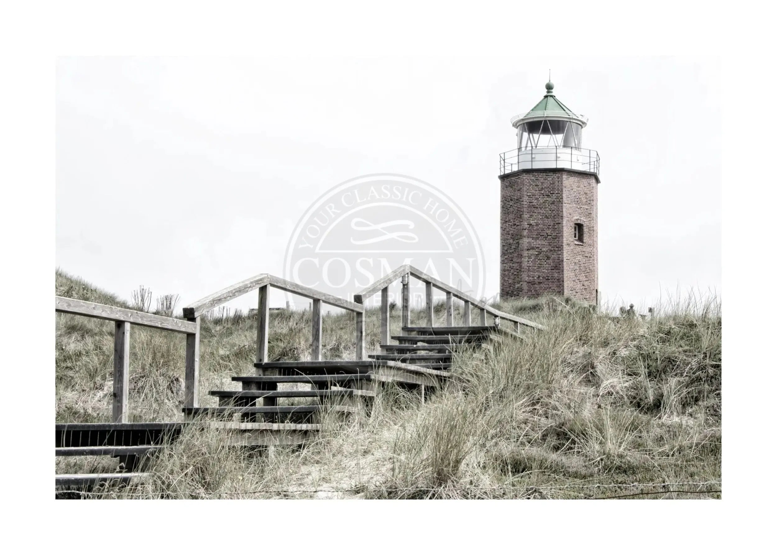Schwarz-Weiß-Poster des Leuchtturms auf Sylt in Kampen, von Cosman-Photocollection, mit weißem Rand, A4-Größe.