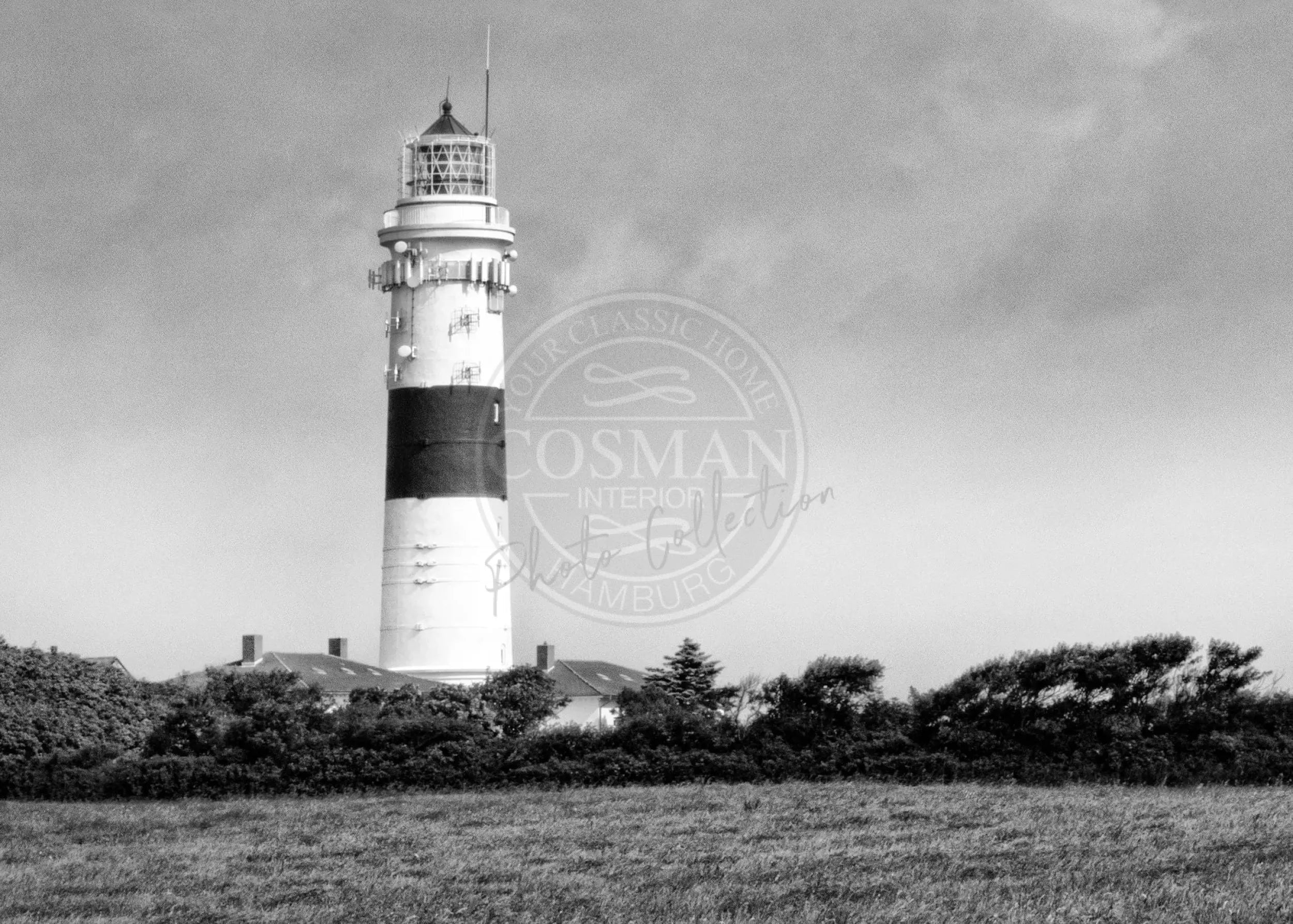 Schwarz-weiß-Poster von Cosman-Photocollection mit Leuchtturm Kampen auf Sylt, Maße 29,7 x 21 cm, mit weißem Rand
