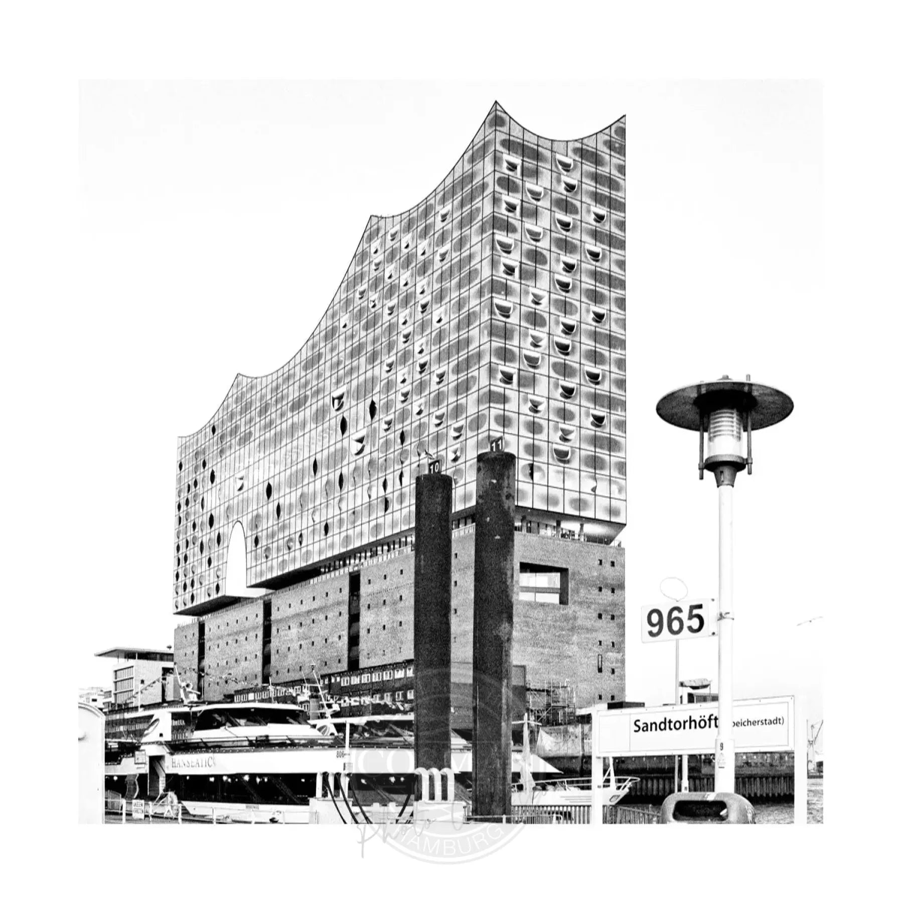 Schwarz-weiß Poster der Elbphilharmonie in Hamburg, 40x40cm, von Cosman-Photocollection, mit weißem Rand, kunstvoll und detailliert