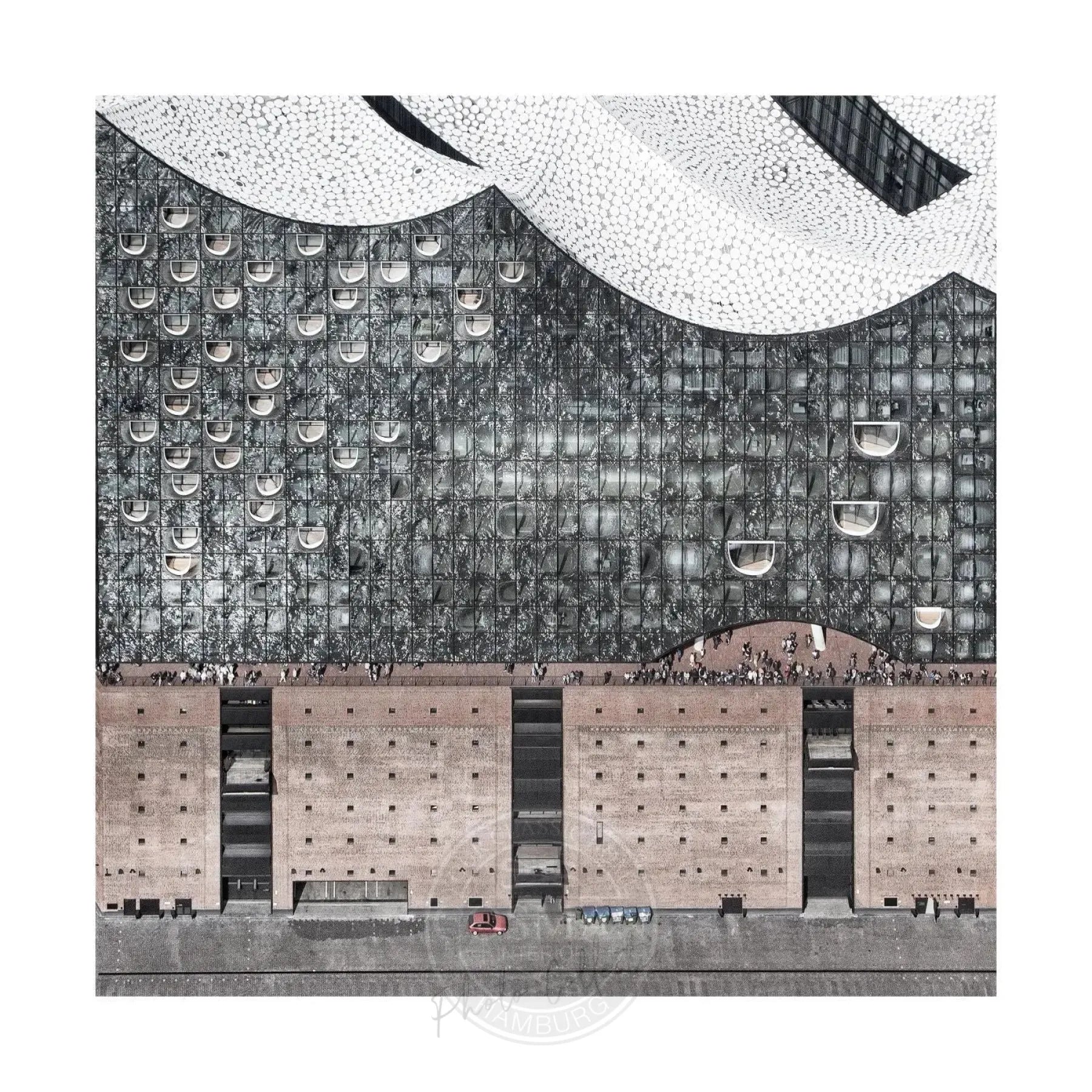 Schwarz-weiß Poster von Hamburg Elphi, 40x40cm, von Cosman-Photocollection, mit weißem Rand, Wanddekoration im modernen Stil