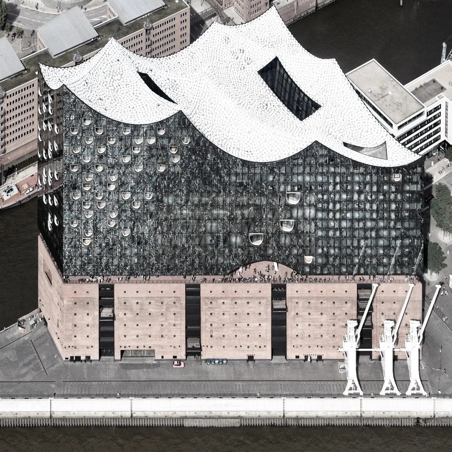 Schwarz-Weiß-Poster von Hamburg Elphi, 40x40cm, von Cosman-Photocollection, mit weißem Rand, Wanddekoration, Hamburg Stadtansicht