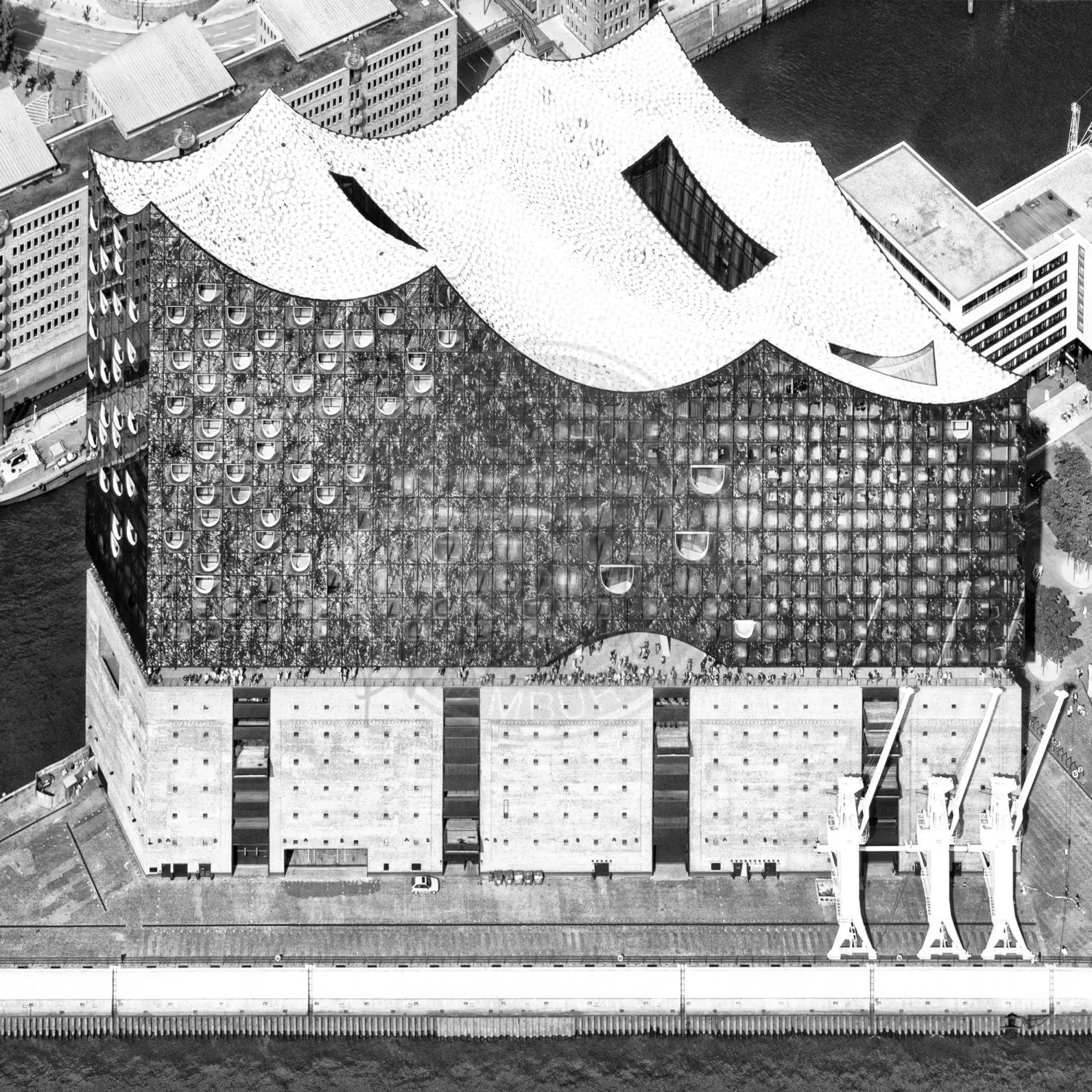 Schwarzweiß-Poster von Hamburg Elphi, 40x40 cm, von Cosman-Photocollection, zeigt die Hamburger Elbphilharmonie.