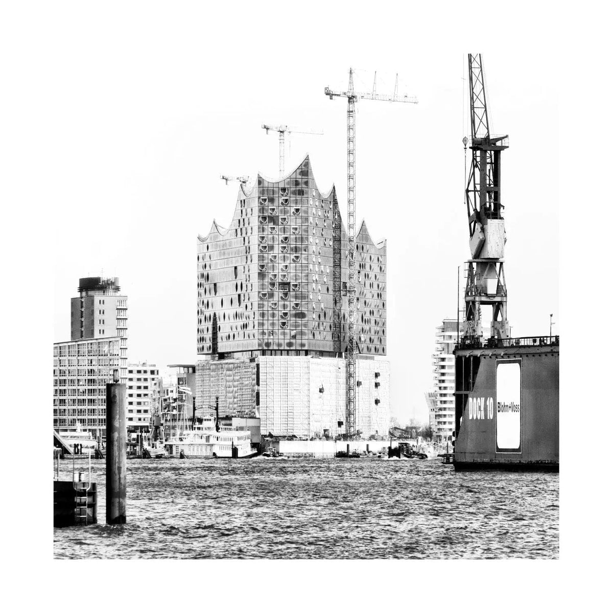 Schwarz-weiß Poster von Hamburg Elphi, 40x40cm, von Cosman-Photocollection, mit weißem Rand, Wanddekoration für Hamburg-Liebhaber