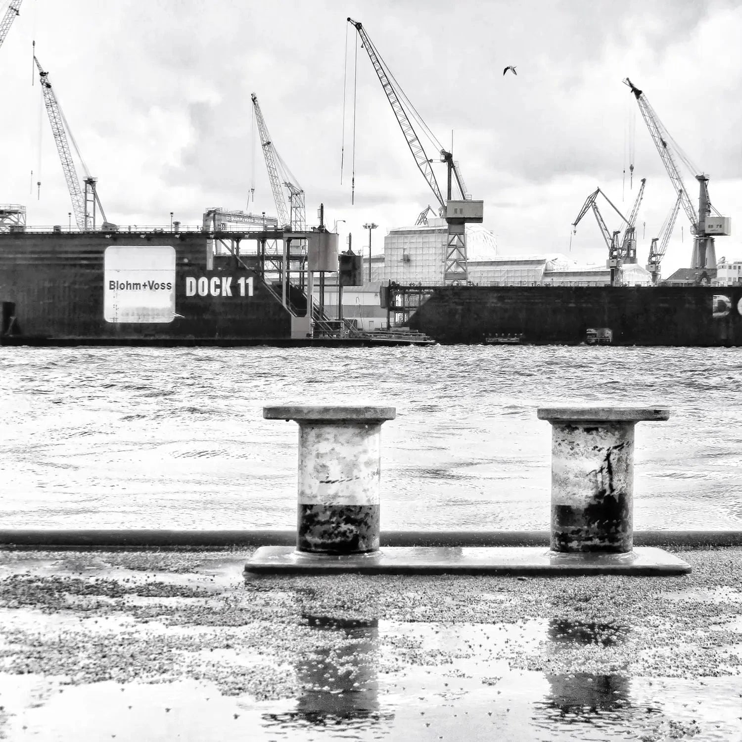 Schwarz-Weiß-Poster des Hamburger Hafens „Dock 11“ von Cosman-Photocollection, 40x40cm, mit weißem Rand.