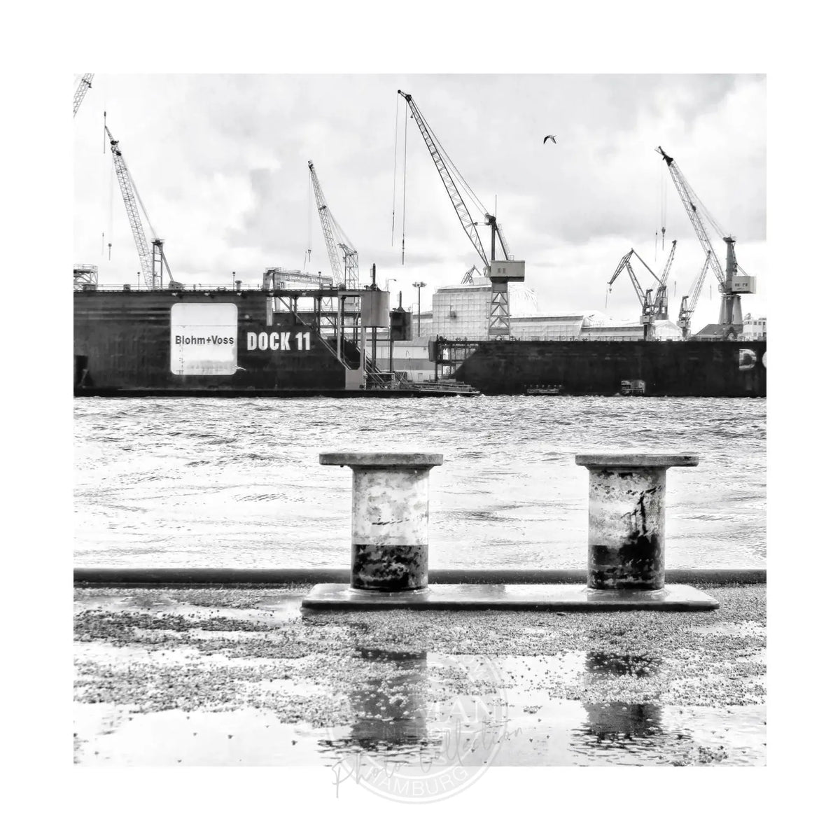 Schwarzweiß-Poster des Hamburger Hafens mit Dock 11 Motiv, 40x40cm, von Cosman-Photocollection, mit weißem Rand.