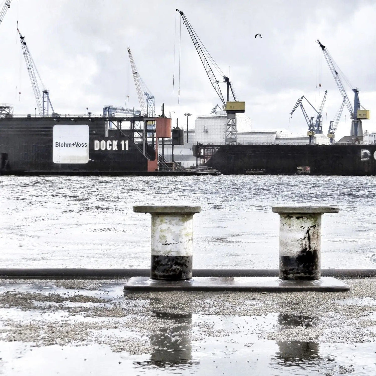 Schwarz-Weiß-Poster vom Hamburg Hafen Dock 11, 40x40cm, von Cosman-Photocollection, mit weißem Rand