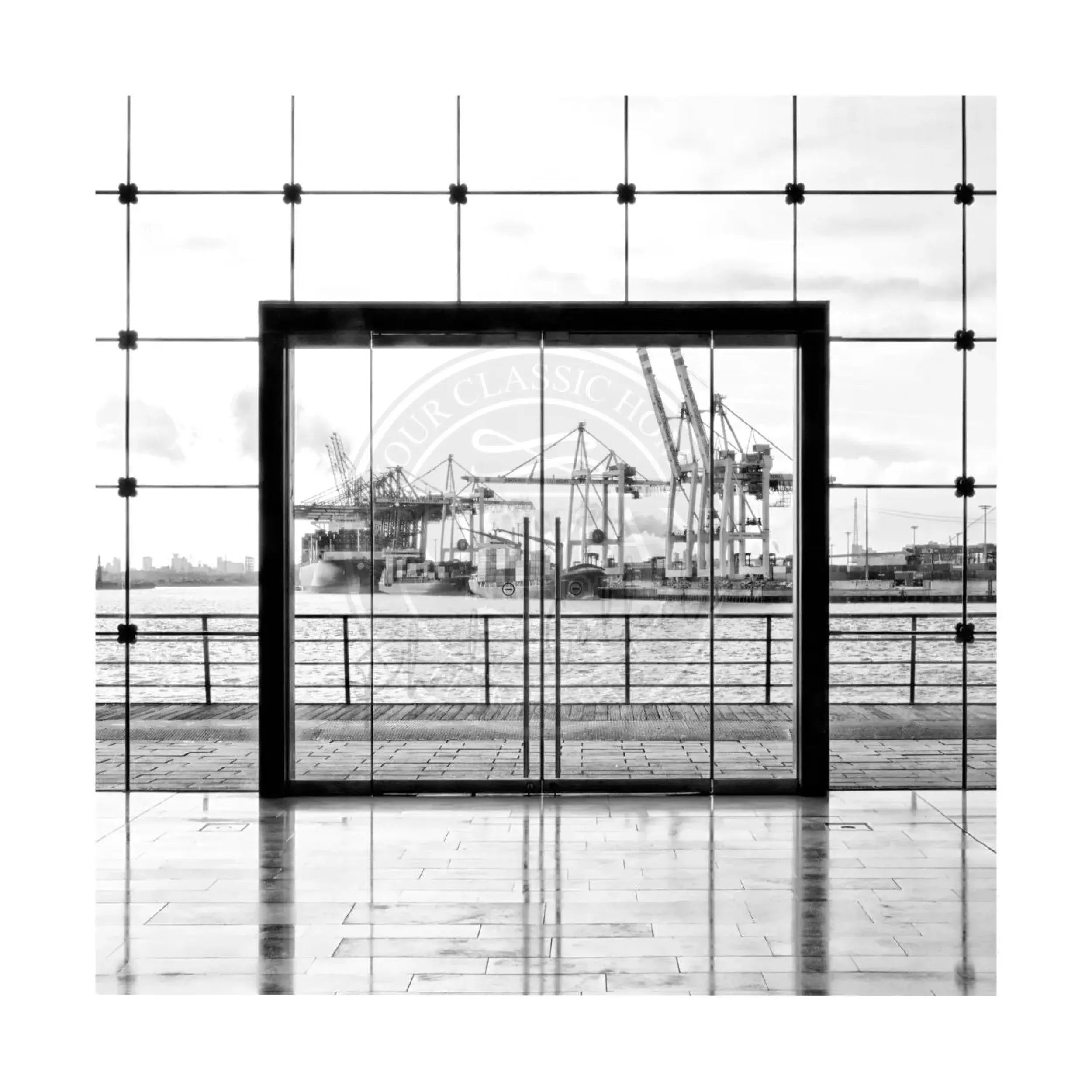 Schwarz-Weiß-Poster von Cosman-Photocollection mit weißem Rand, Hamburg Stadtansicht, 40cm x 40cm, Druck, Kunstposter