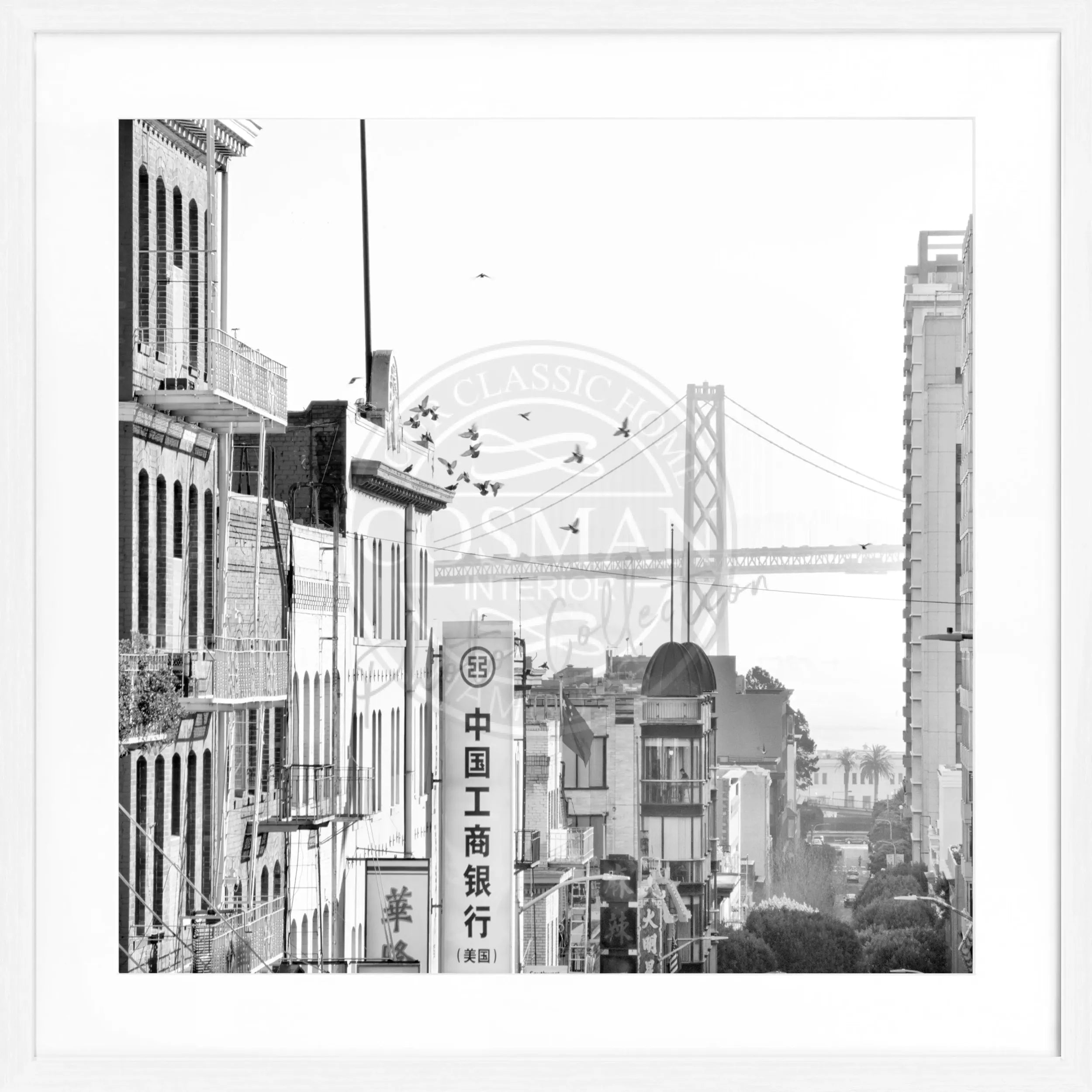 Schwarz-weiß Poster mit Rahmen von Cosman-Photocollection, Bay Bridge San Francisco, quadratisches 55x55cm Wandbild