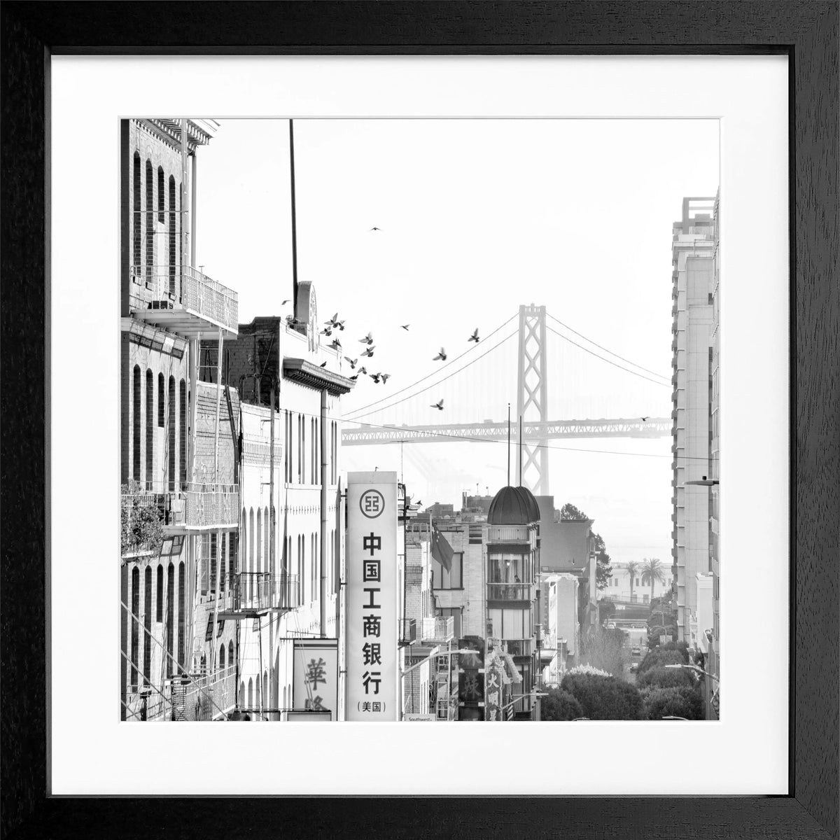 Schwarz-weiß Poster mit Rahmen, San Francisco Bay Bridge Motiv, quadratisch, von Cosman-Photocollection, 55x55cm