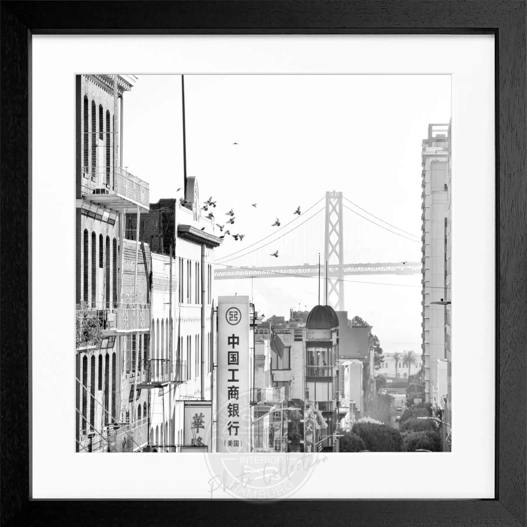 Schwarz-weiß Poster mit Rahmen, San Francisco Bay Bridge Motiv, quadratisch, von Cosman-Photocollection, 55x55cm