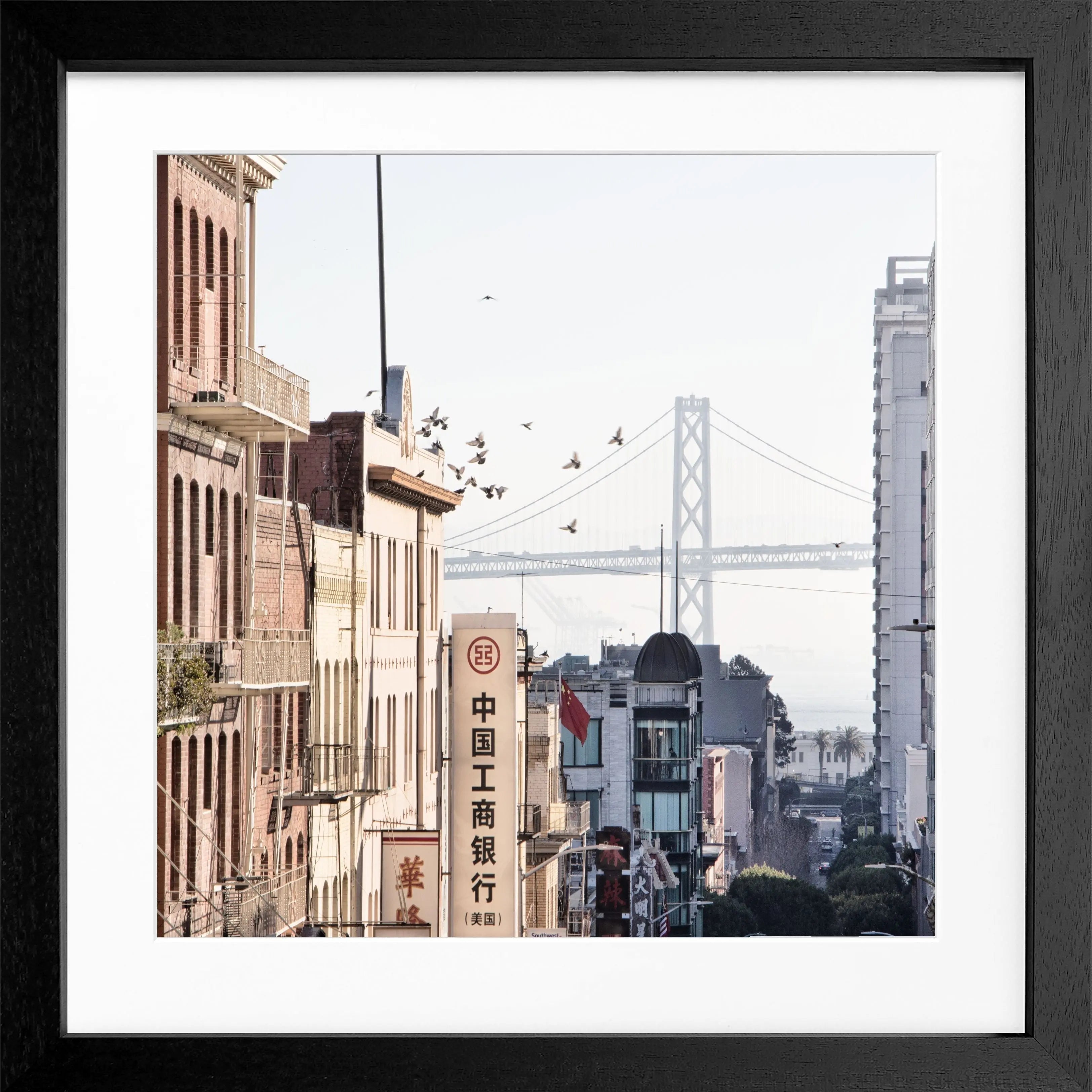 Schwarz-weiß Poster mit Rahmen der Bay Bridge in San Francisco, 55x55 cm, von Cosman-Photocollection.