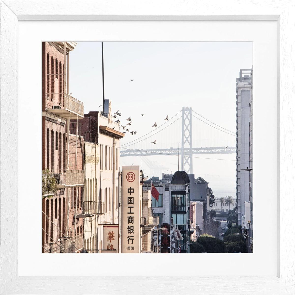 Schwarz-weiß Poster mit Rahmen von Cosman-Photocollection, Bay Bridge San Francisco, quadratisch, 55x55 cm, urbanes Motiv
