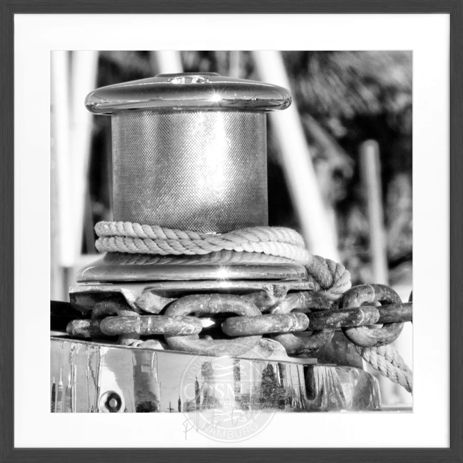 Schwarz-weiß Poster mit Rahmen 'Boat' von Cosman-Photocollection, Florida Key West Motiv, quadratisch 55x55 cm