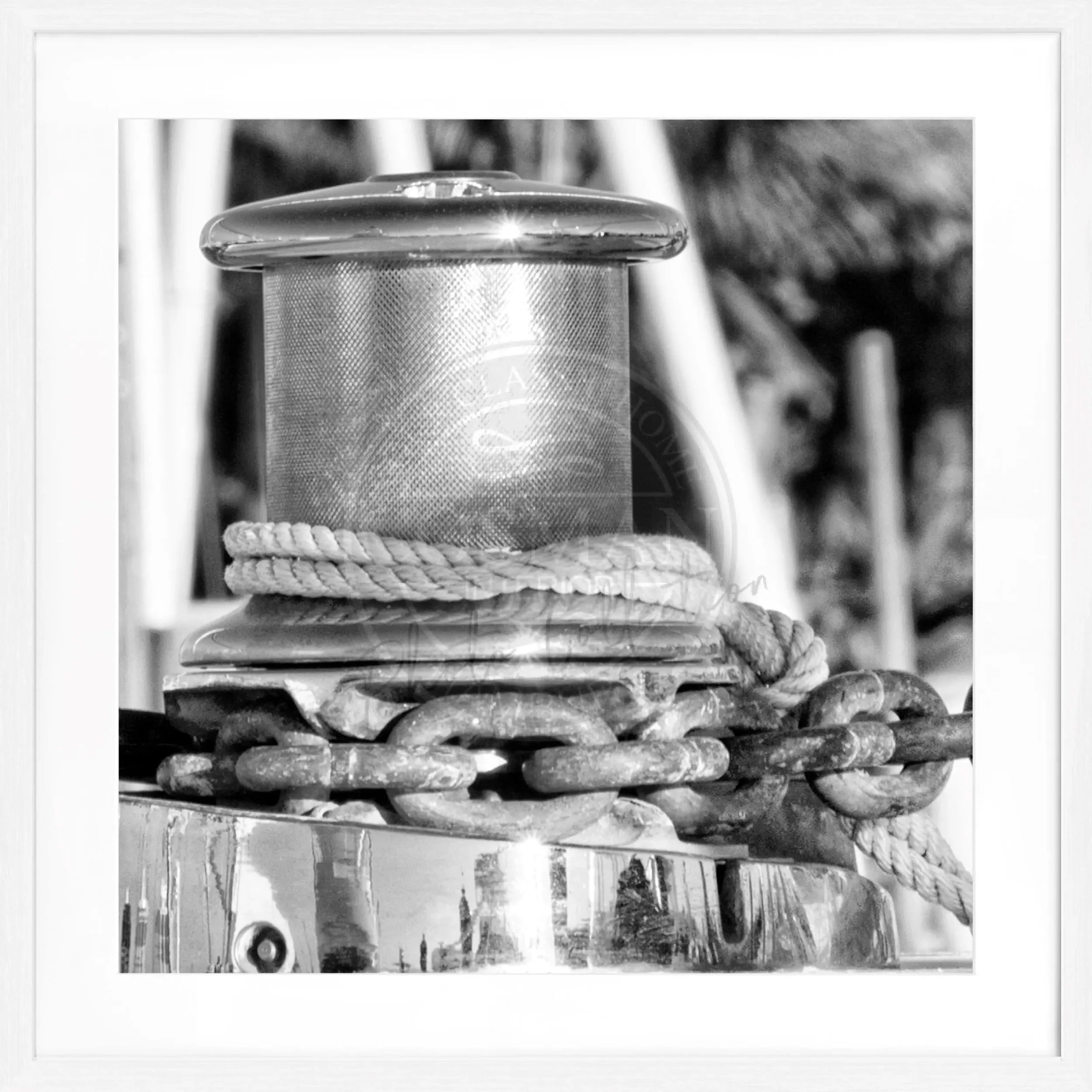 Schwarz-weiß Poster mit Rahmen von Cosman-Photocollection, Motiv eines Bootes am Florida Key West, quadratisch 55x55cm.