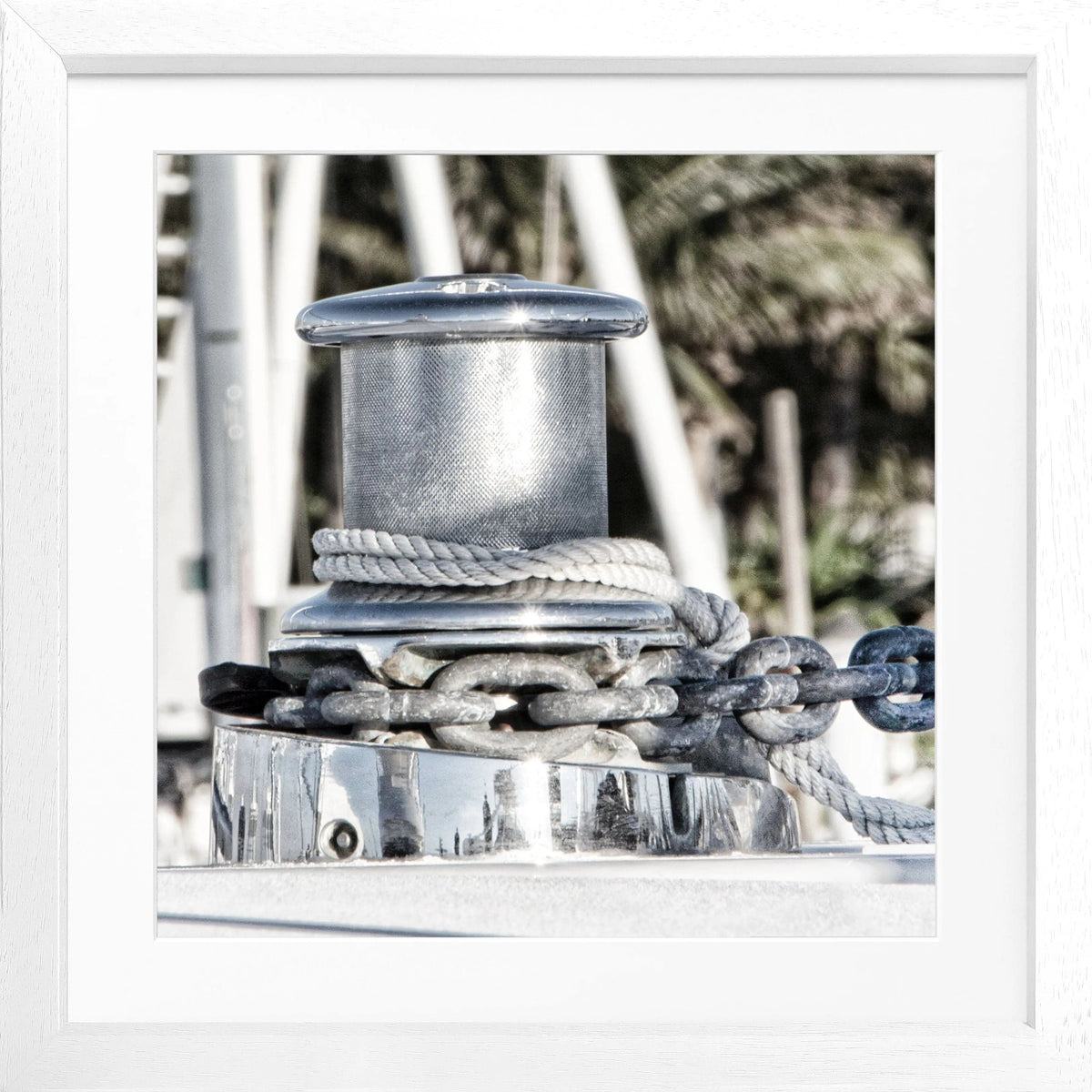 Schwarz-weiß Poster mit Rahmen 'Boat' von Cosman-Photocollection, Florida Key West, quadratisches Bild, 55x55 cm, maritime Atmosphäre